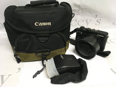 A cased Canon G3X camera.