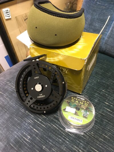 A boxed Hardy 4 1/2 Conquest Centre pin