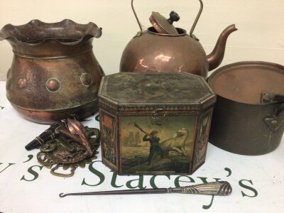 A Vintage Mustard tin decorated with views of Nelson and Marine views Ken Robinson & Co manufactures of Mustard. Antique copper cooking pots a kettle jardiniere silver button hook and horse brasses.