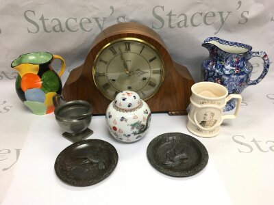 A collection of items comprising a Smiths mantel clock, ginger jar, jugs etc.
