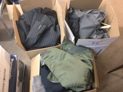 Three boxes of Vintage clothes including Suit jackets and trousers by John Hardy of London, Jay of London, , Three bomber jackets, Crombie coat etc