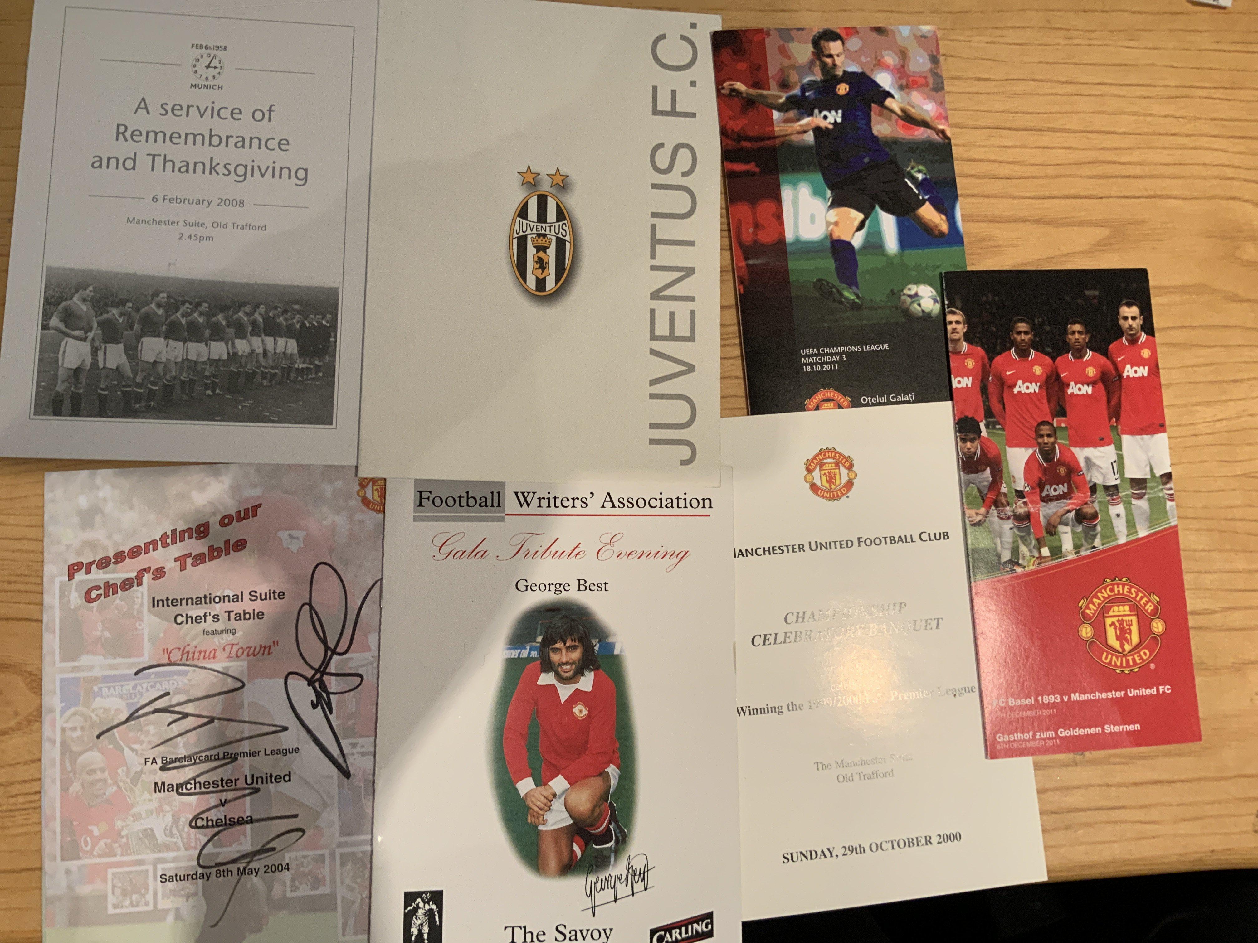 Manchester United Menus + Remembrance Items: Includes Munich Remembrance 2008 (50 Years), 2000 George Best Football Writers dinner menu, 2002/03 Juventus away. (7)