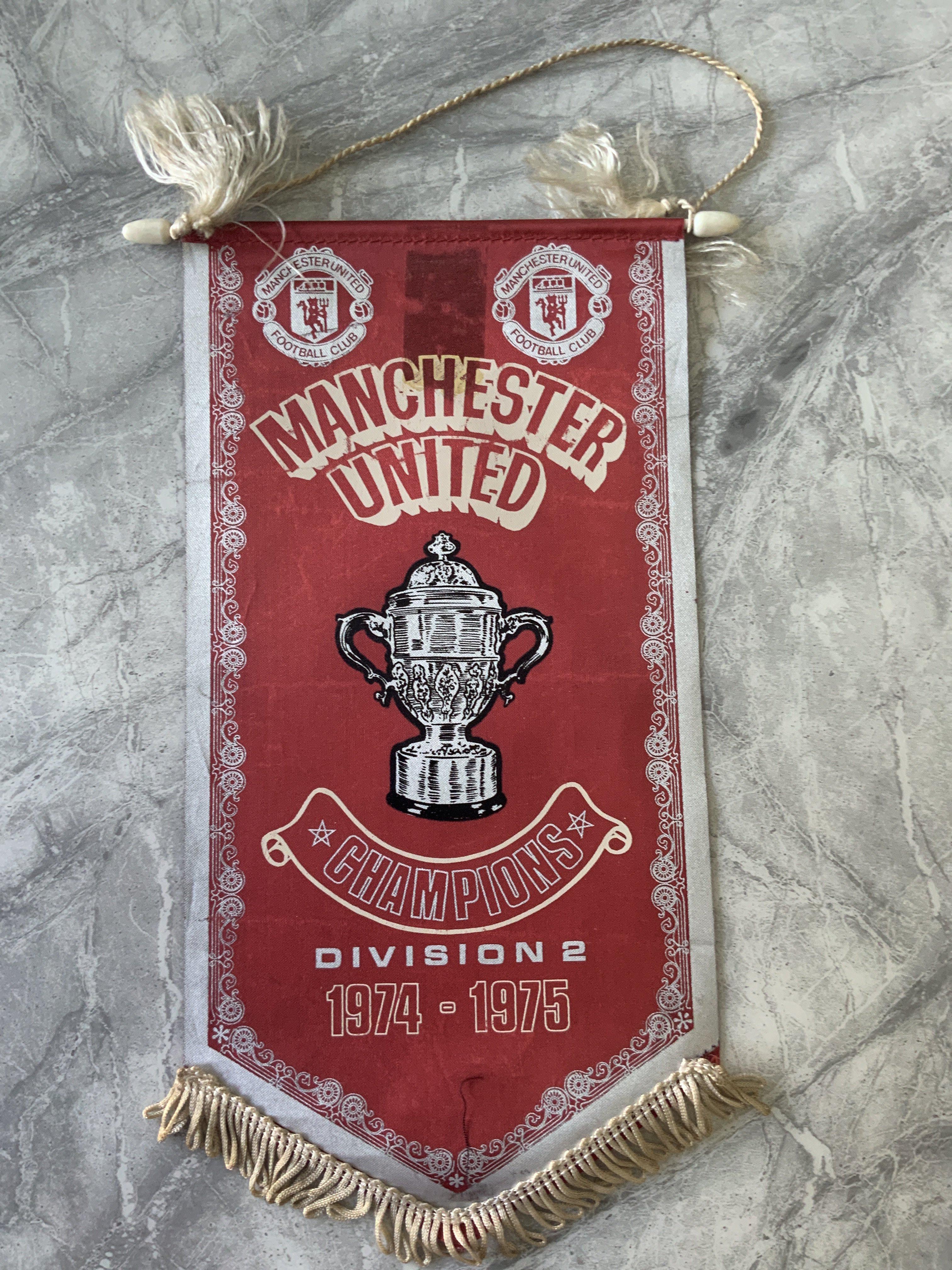 74/75 Manchester United Away Football Programmes: Near complete set of 20 plus an original Manchester United pennant stating 74/75 Division 2 Champions. Good.