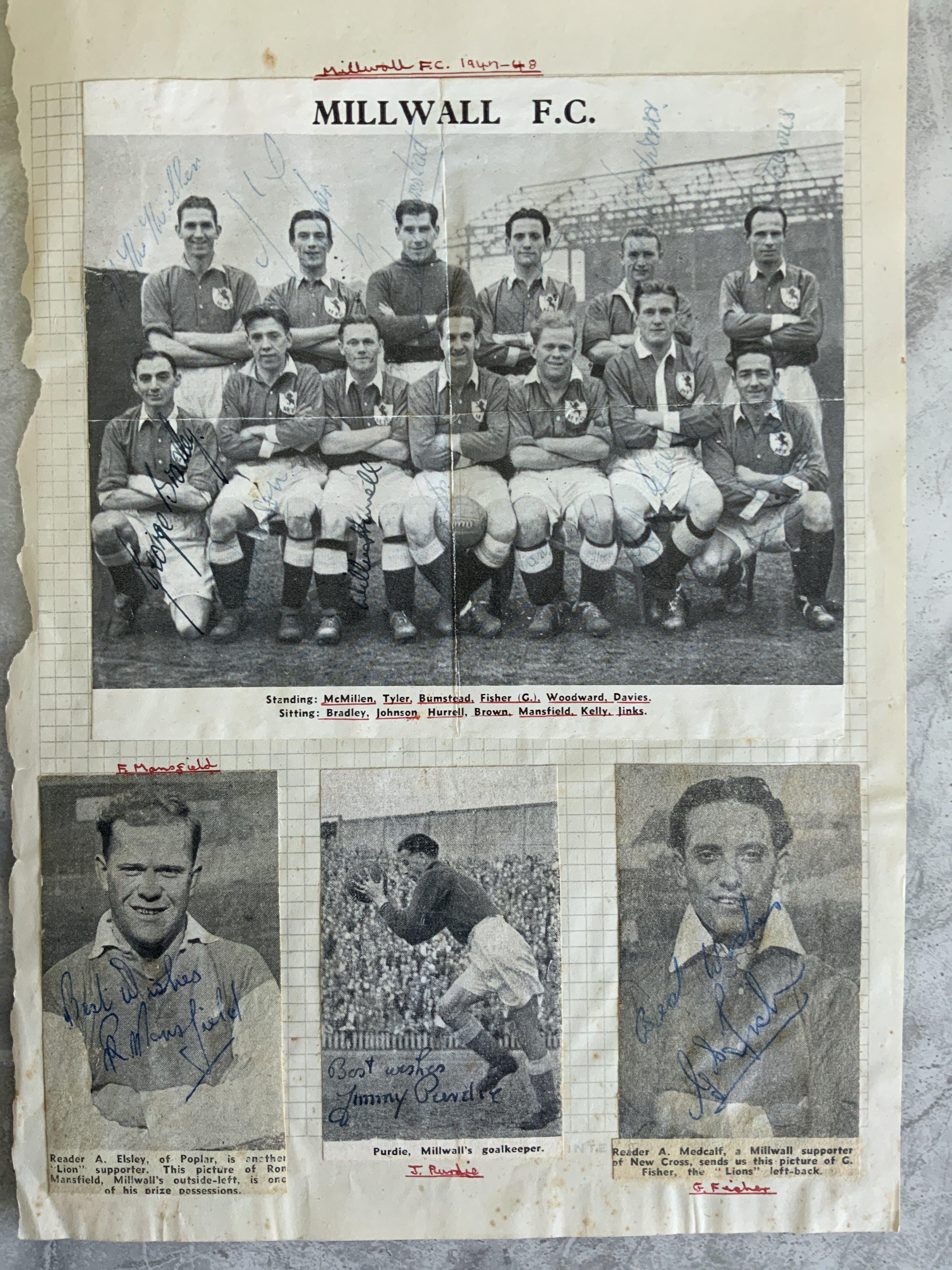 47/48 Millwall Football Autographs: Team group with lightly signed autographs stuck down to page with 3 other players.