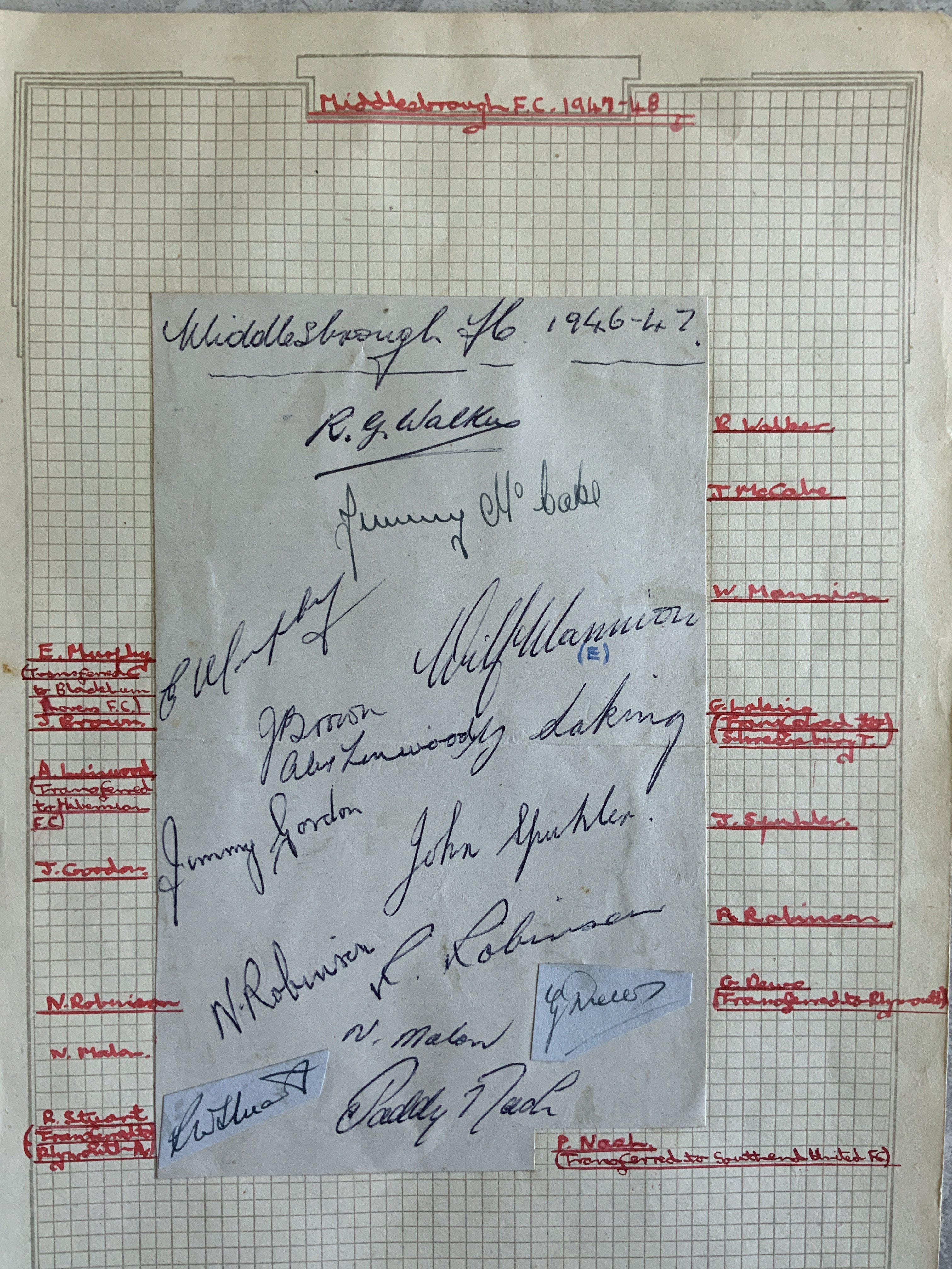 46/47 Middlesbrough Football Autographs: Page removed from autograph book and stuck down which is signed by 15. C/W partly signed team group and a separate George Hardwick signature.