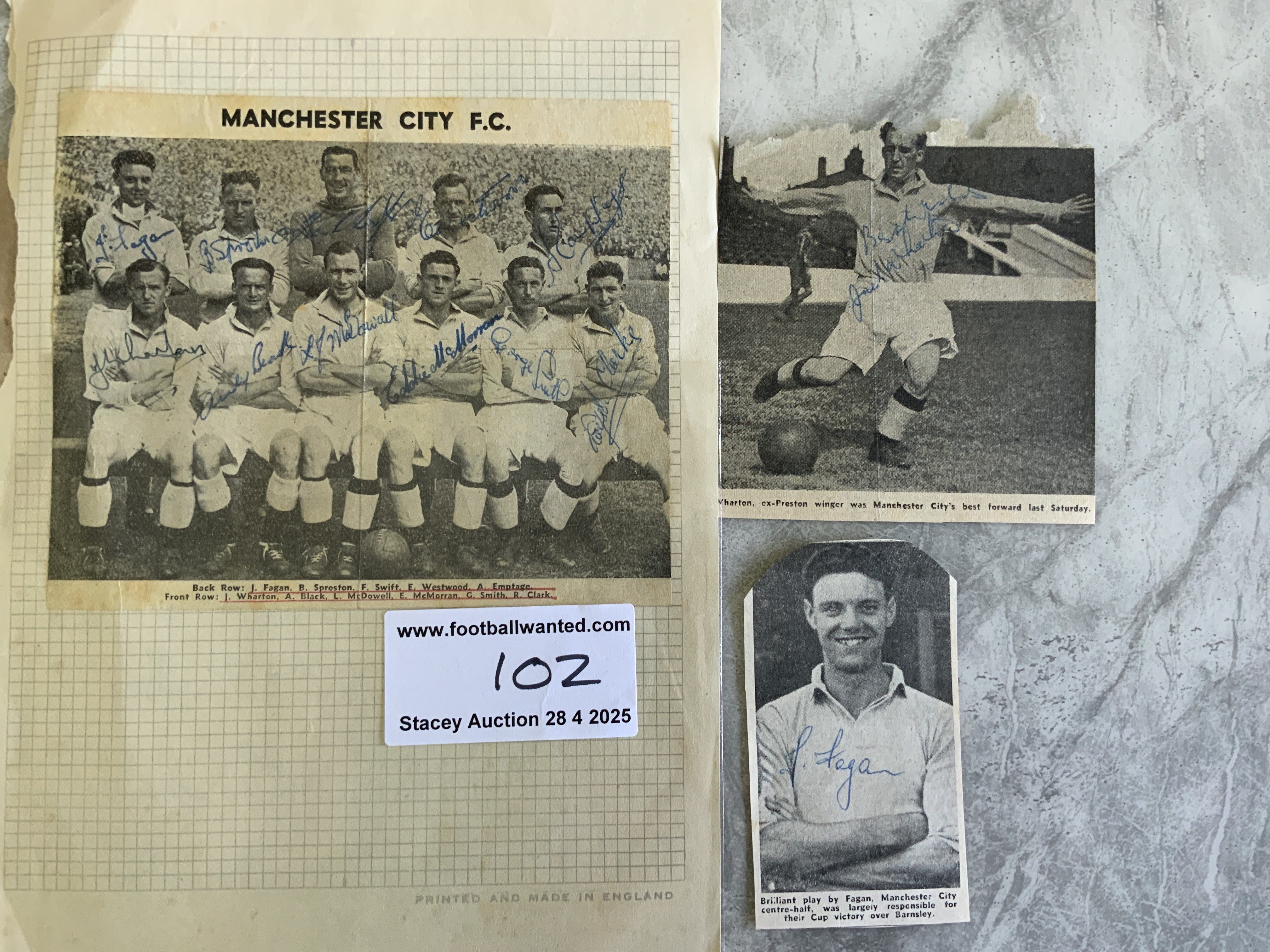 47/48 Manchester City Football Autographs: Team group removed from magazine and stuck down signed by all 11. C/W small signed magazines pictures of Fagan and Wharton. (13)