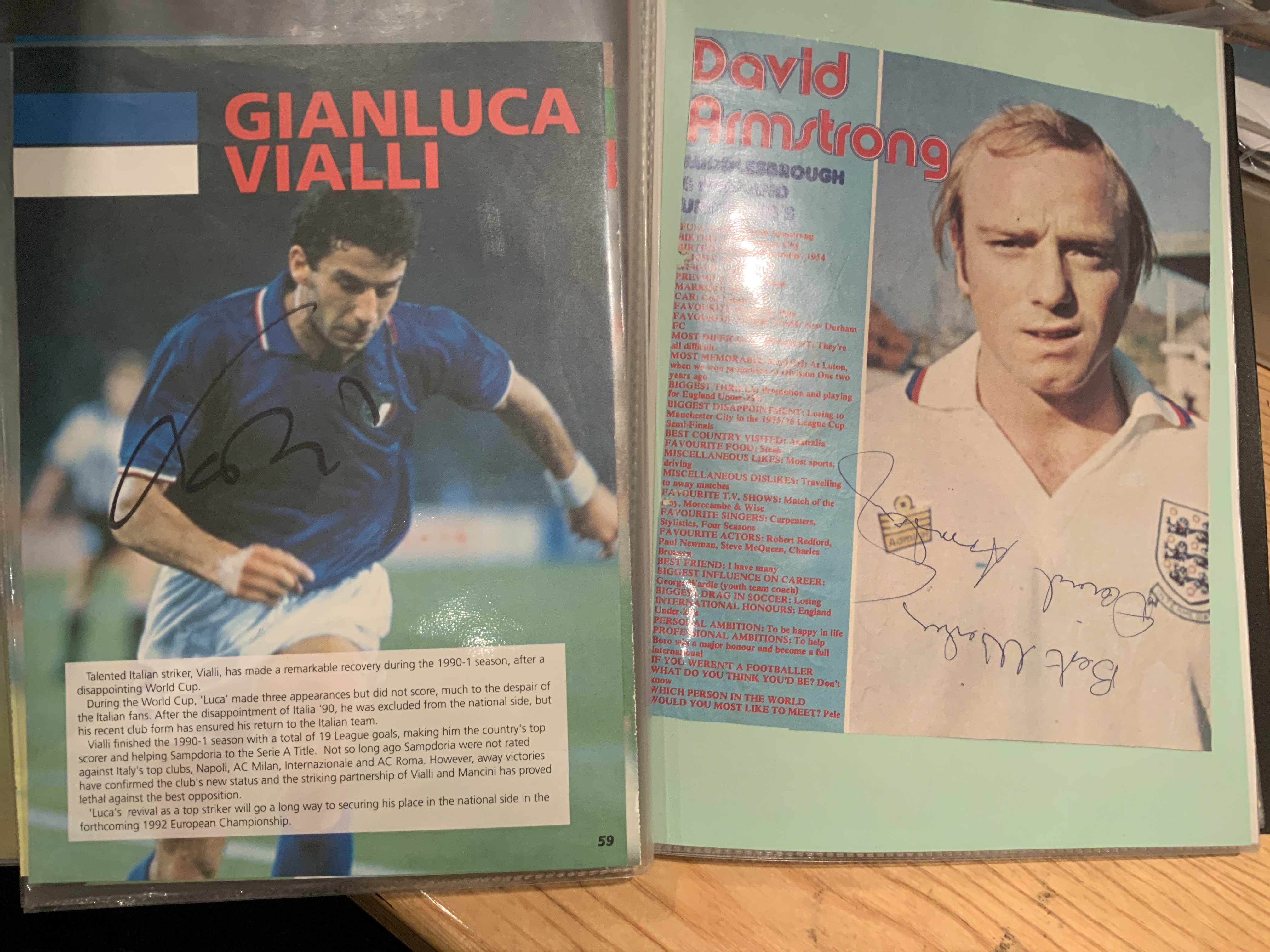 Full Size Signed Football Magazine Pictures: Large colour pictures removed from magazine pictures with some 60s and 70s players but mainly 80s and 90s. Includes Vialli, McLintock and Steve Bull. (80)