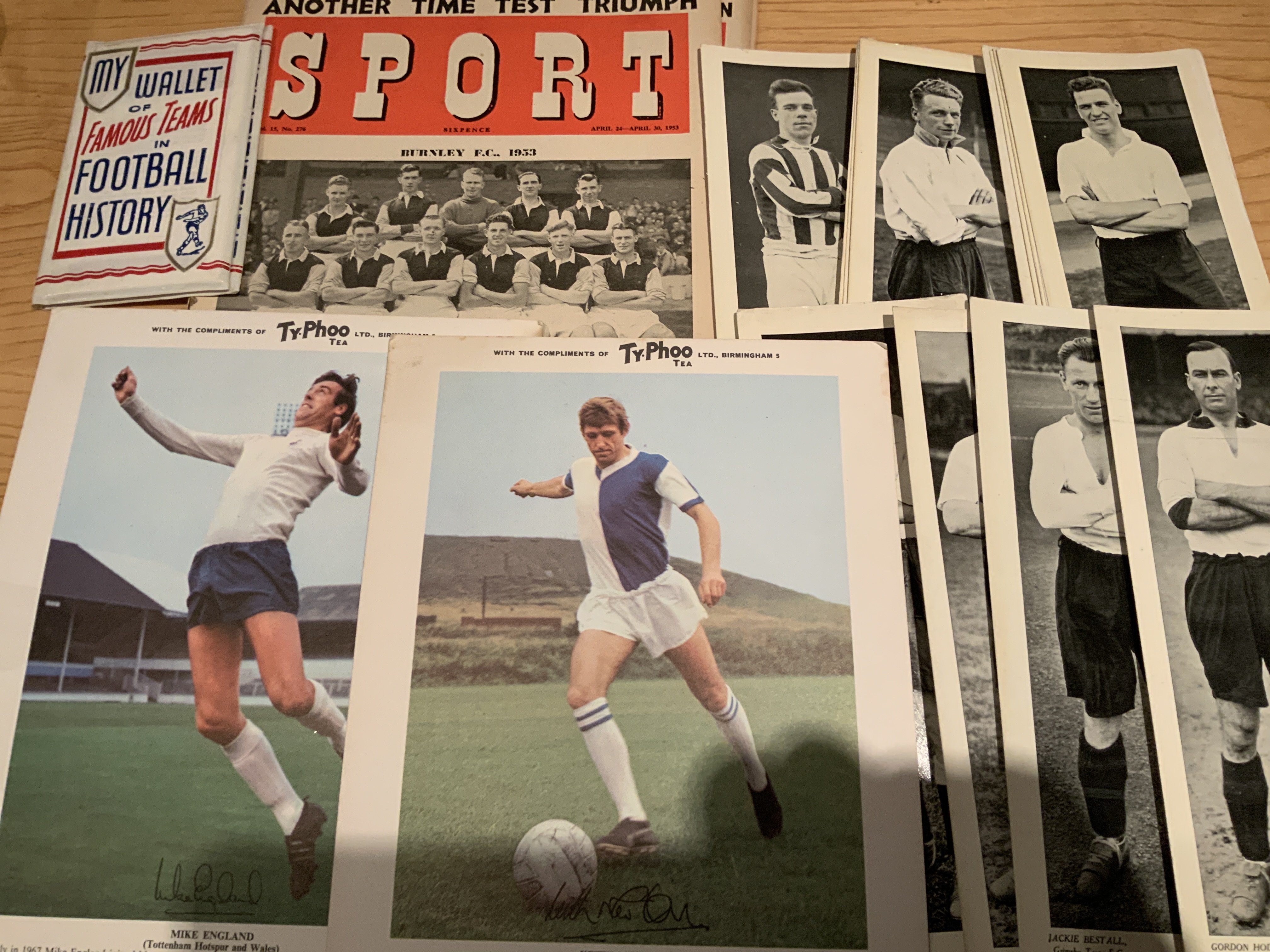 Football Autographs + Memorabilia Box: Includes Topical Times small long panel portraits, Sport Magazines, signed magazine pictures and white cards and much more.