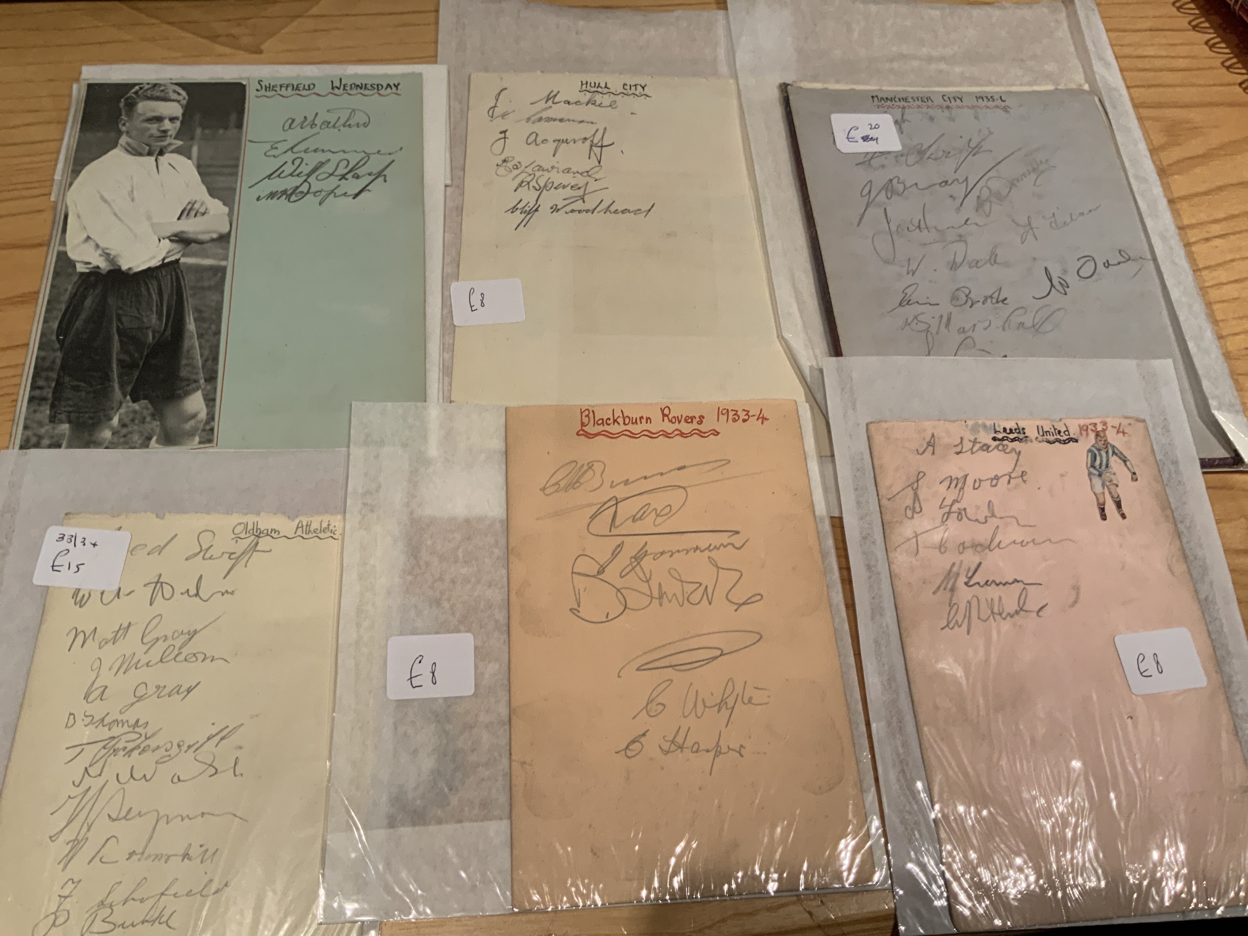 Pre War Football Autographs: Mainly in pencil with a few from Leeds Blackburn Birmingham Sheffield Wednesday Huddersfield with Oldham and Man City having full team.