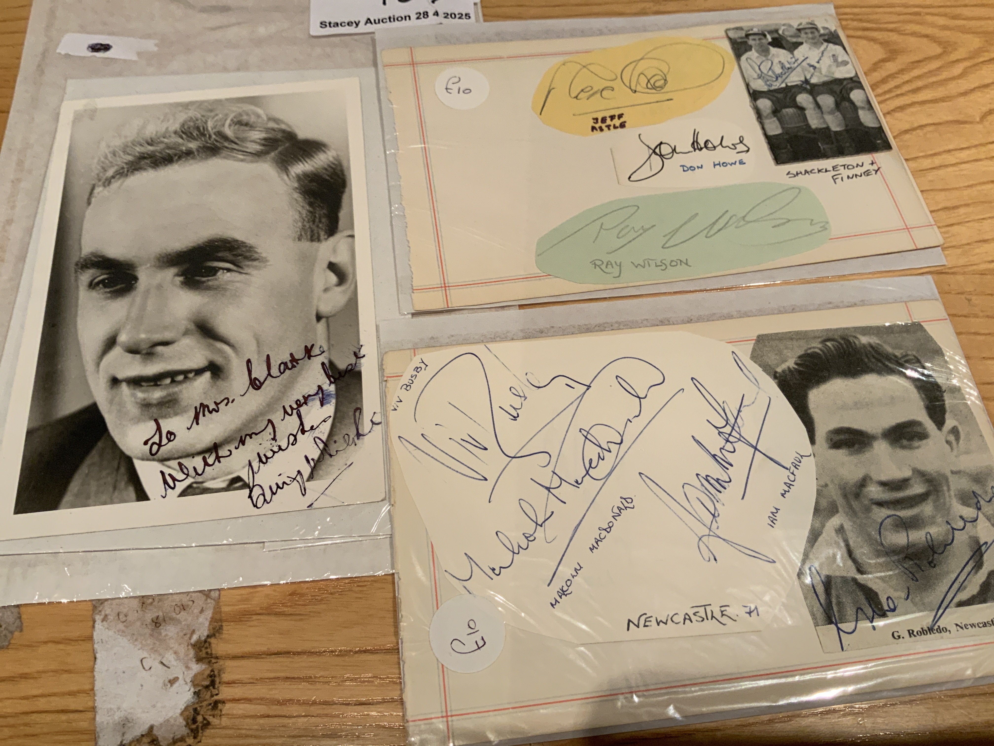 England Football Autographs: Includes Howe Shackleton Finney McDonald Astle and a few other non England players. Billy Wright photo is dedicated.