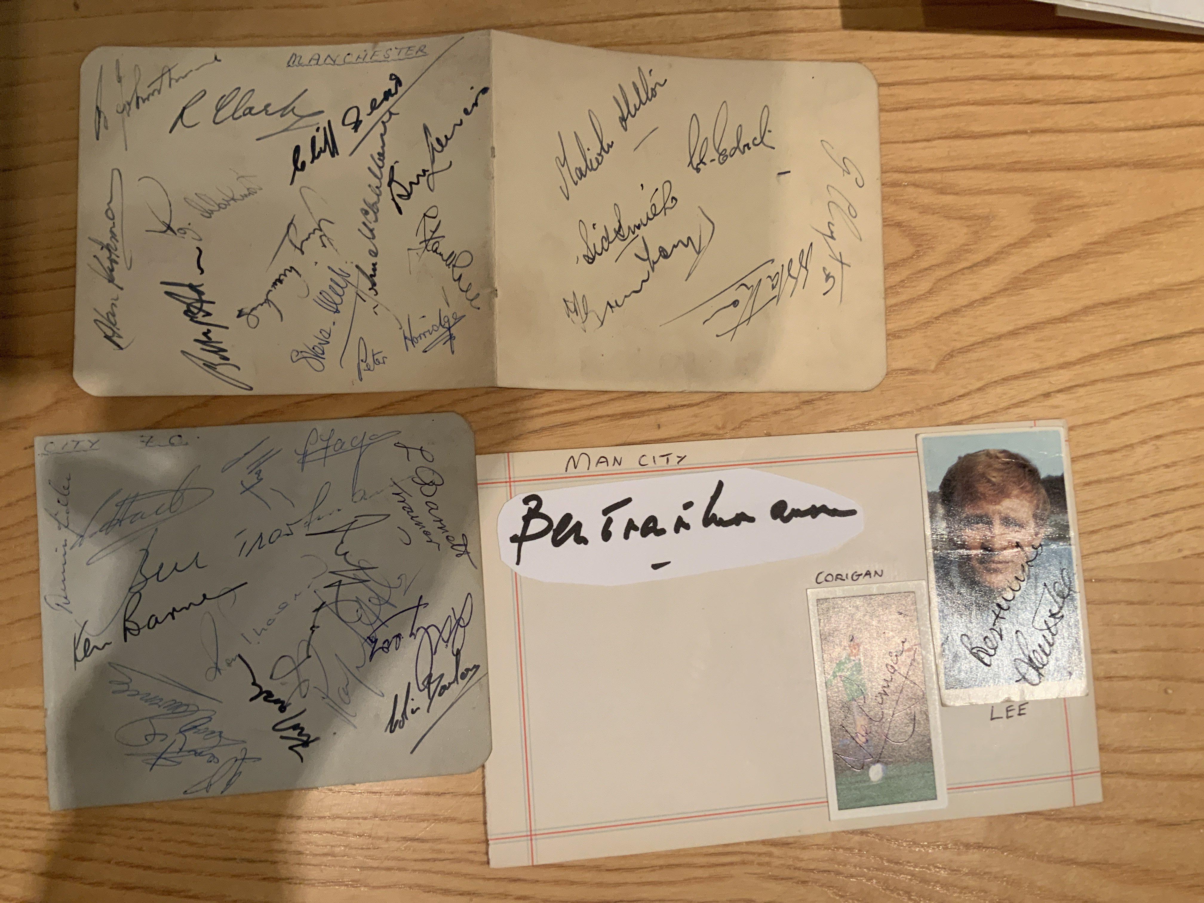 Manchester City Football Autographs: Removed from autograph book with some autographs back to back. Includes Savage Lievers Clarke Fagan Trautmann Barnes and McClelland.