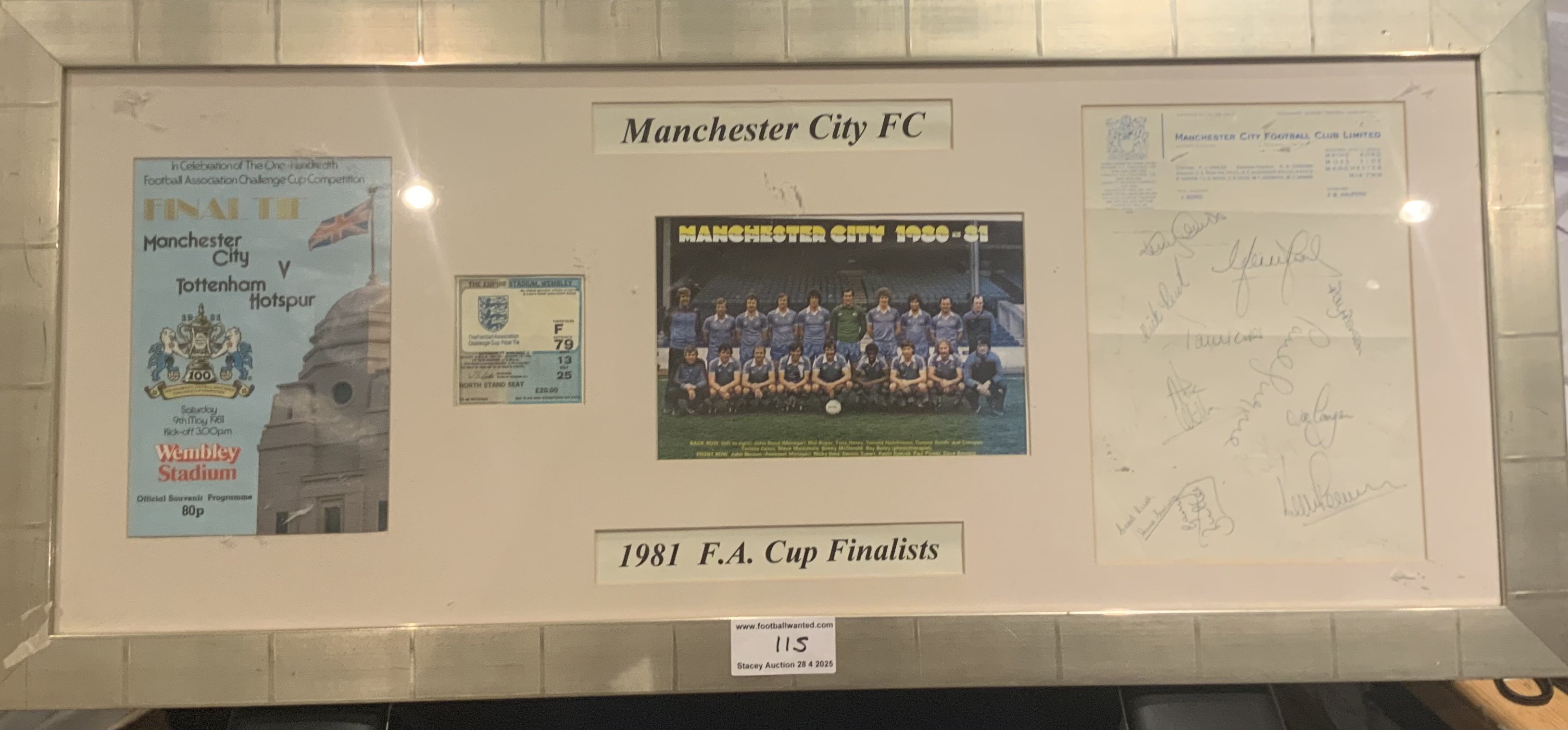 1981 Manchester City FA Cup Finalists Framed Display: Programme for first match plus ticket and team group picture. Manchester City headed paper with many hand signed autographs although a few fading.