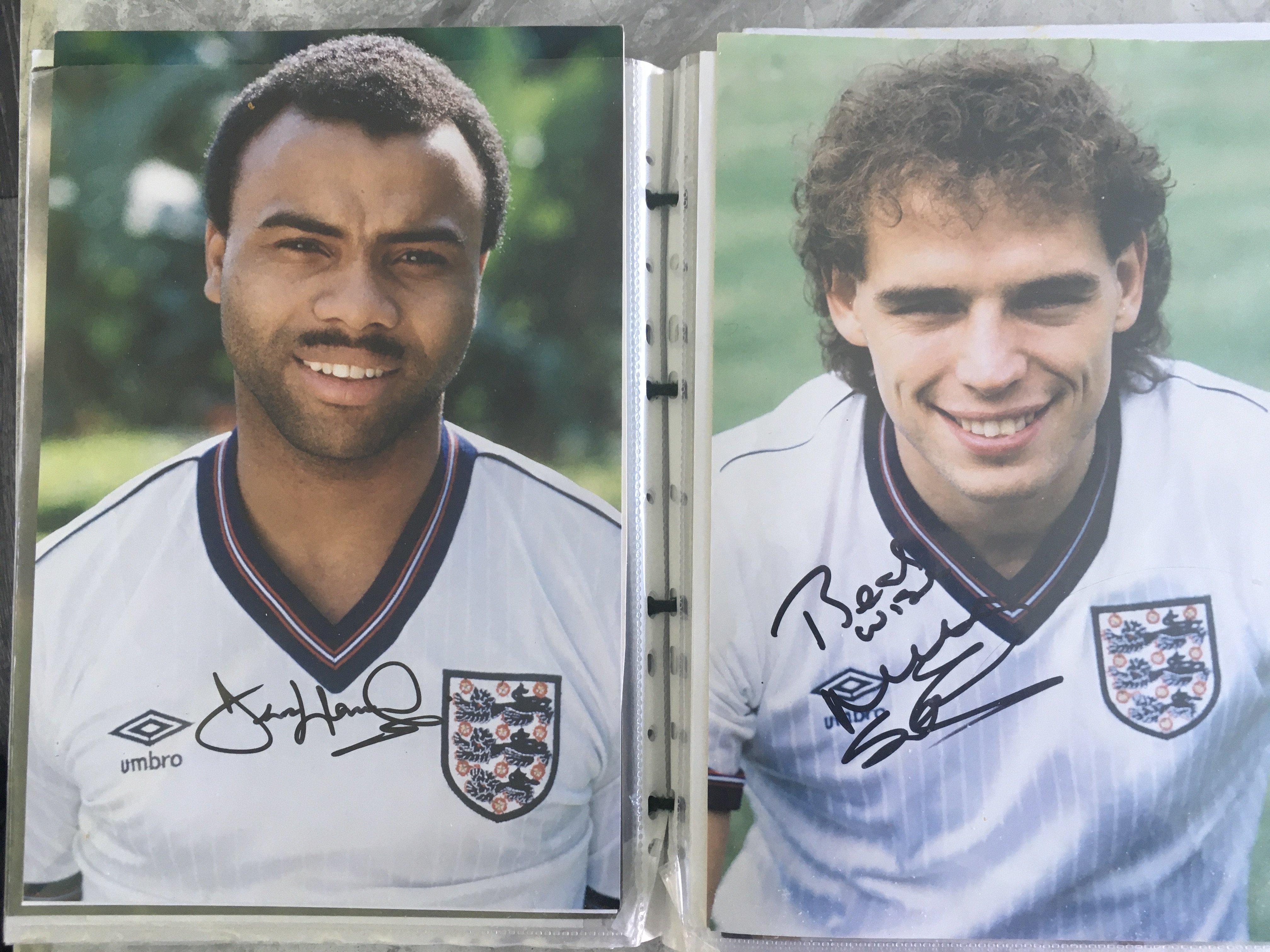 England Signed Football Photo Collection: Mostly large photos of England players hand signed without dedication. Includes Shearer Hoddle Steven Mabbutt Le Tissier Shilton Lineker Bull Robson Keown Dorigo Anderton Parkes and more. There are around 50 photos of which 45 are signed plus more.