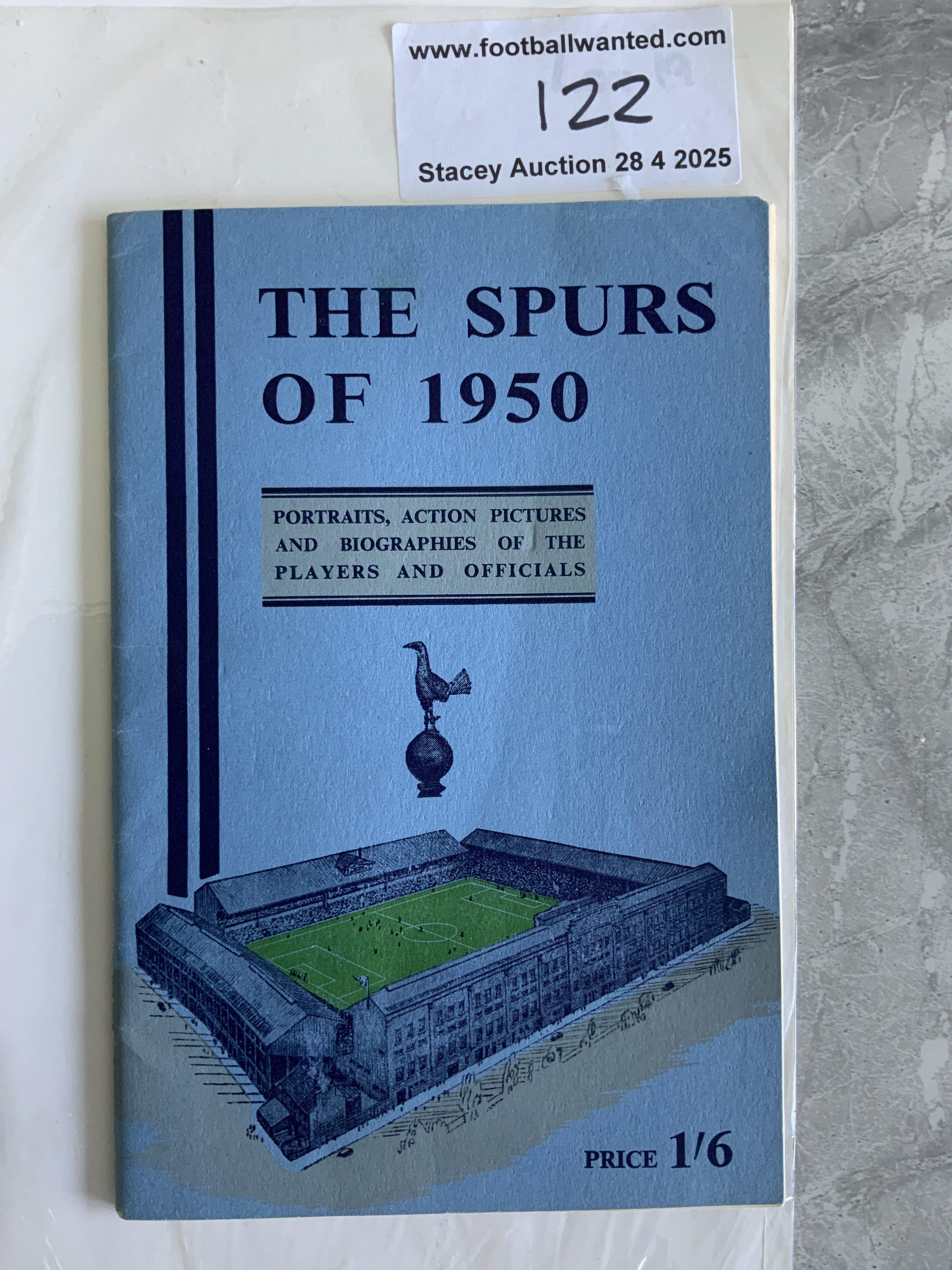 1950 Tottenham Championship Signed Football Handbook: The Spurs Of 1950 50 page excellent condition handbook. Every other page has a full size picture of a Spurs player and 13 have hand signed without dedication in biro. Includes Alf Ramsey Bill Nicholson Eddie Bailey Len Duquemin Ron Burgess Harry Clarke and Ted Ditchburn. Tottenham won the 2nd division championship in 49/50 and the 1st division championship in 50/51.
