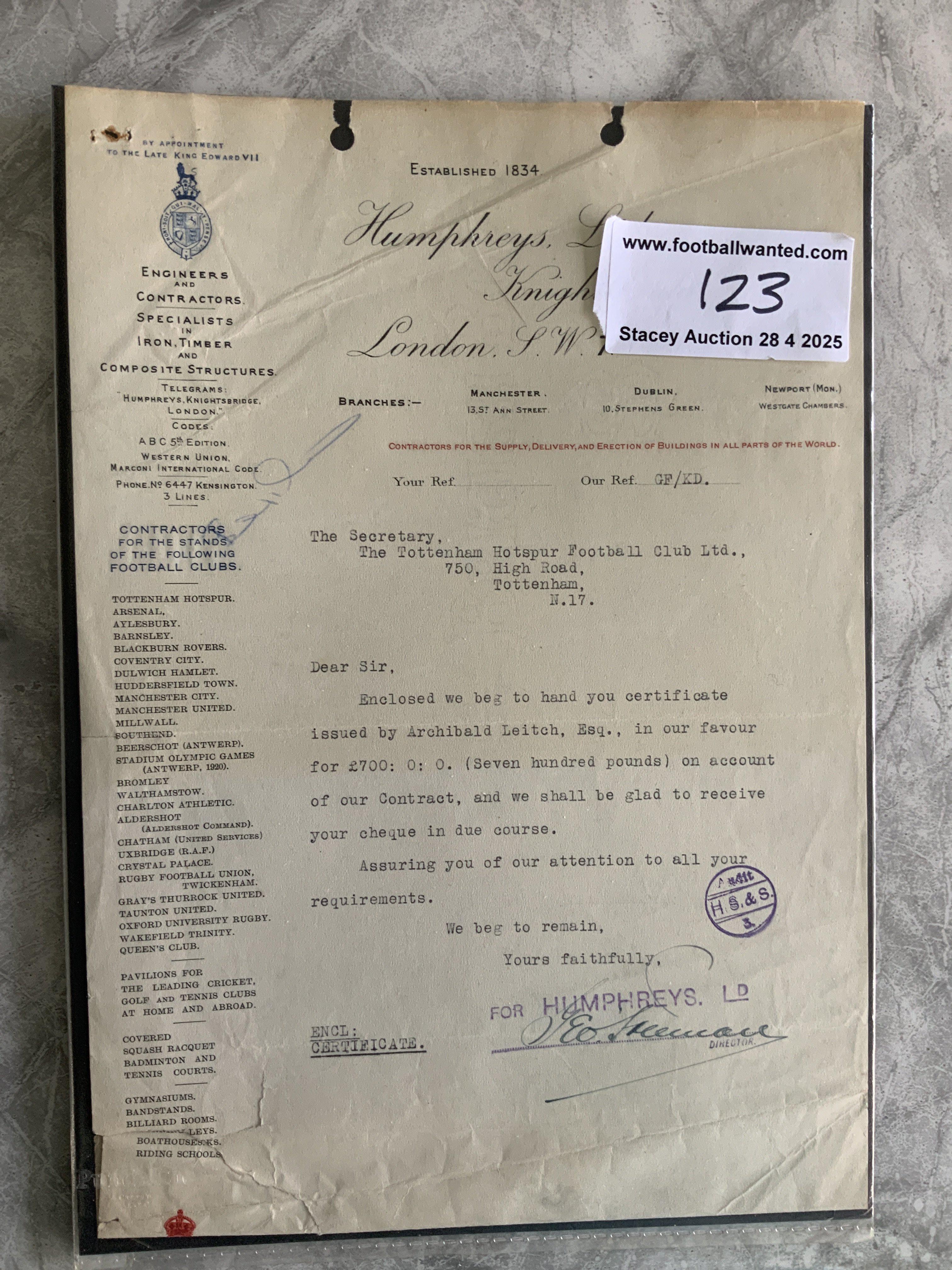 1925 Tottenham Football Stadium Letter + Cheque: A invoice letter to Tottenham on behalf of famous football stadium builder Archibald Leitch. C/W actual cheque for 700 pounds from Tottenham to cover this debt. (2)
