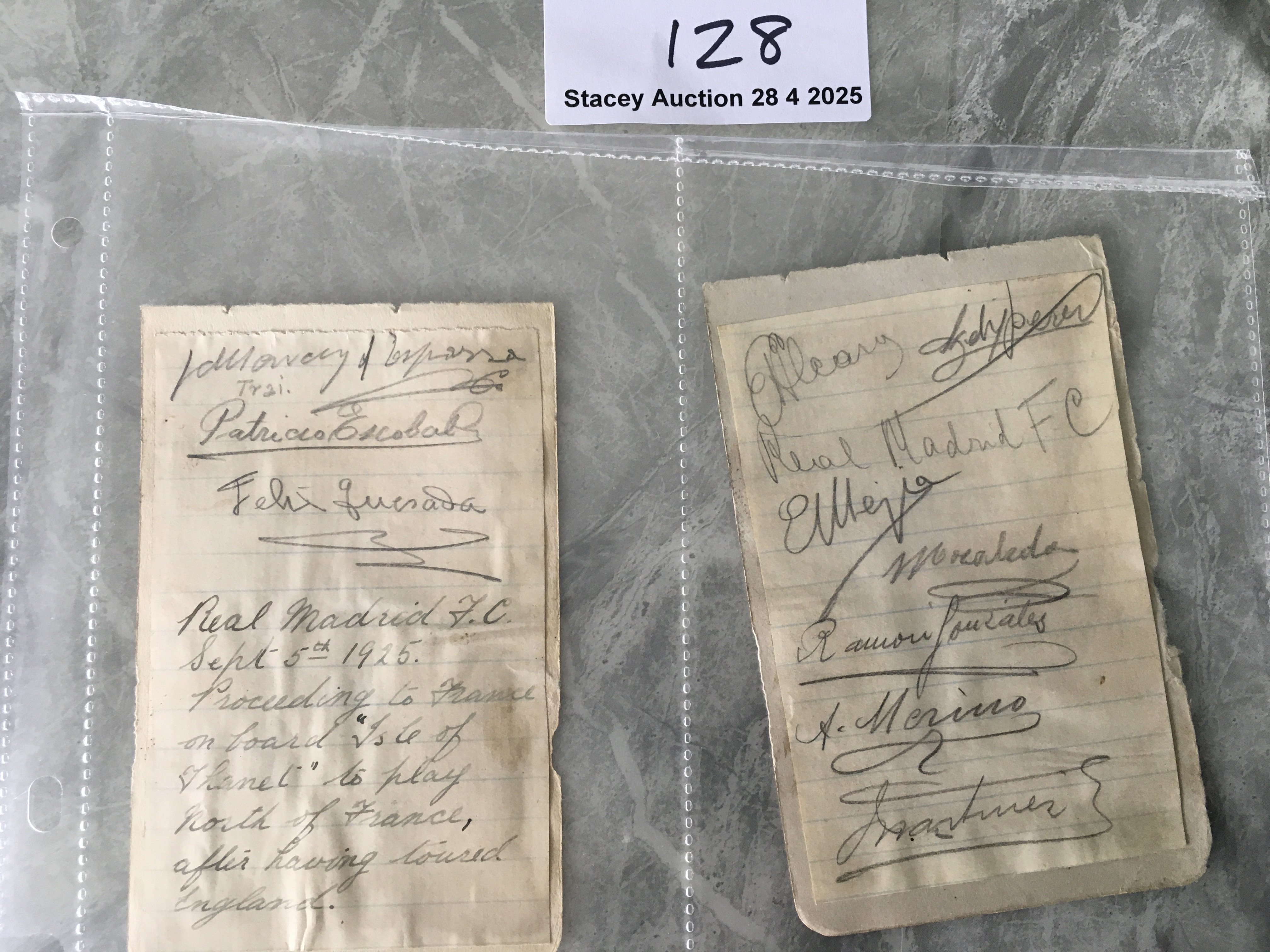 1925 Real Madrid Football Autographs v Tottenham: Removed from exercise book 16 back to back autographs in pencil. Other page has a few more and some notes in English about the trip. Real Madrid toured Europe starting with 3 matches in England.