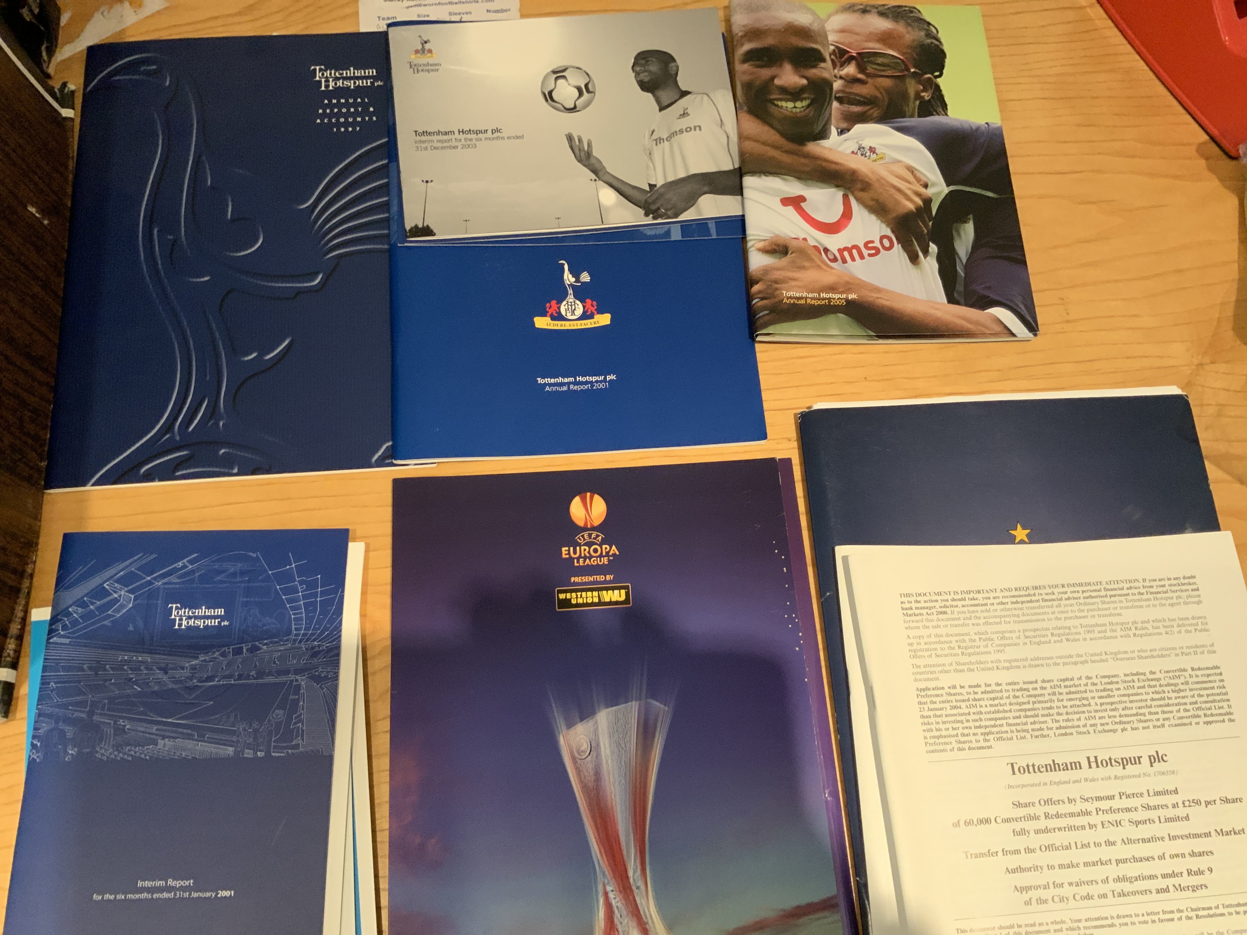 Tottenham Press Packs + Annual Reports: Large heavy box with potentially 100 items to include share prospectuses, Champions League press packs, Interim + Annual Reports. Interesting lot of items not easily available to the public. Instructions to sell.