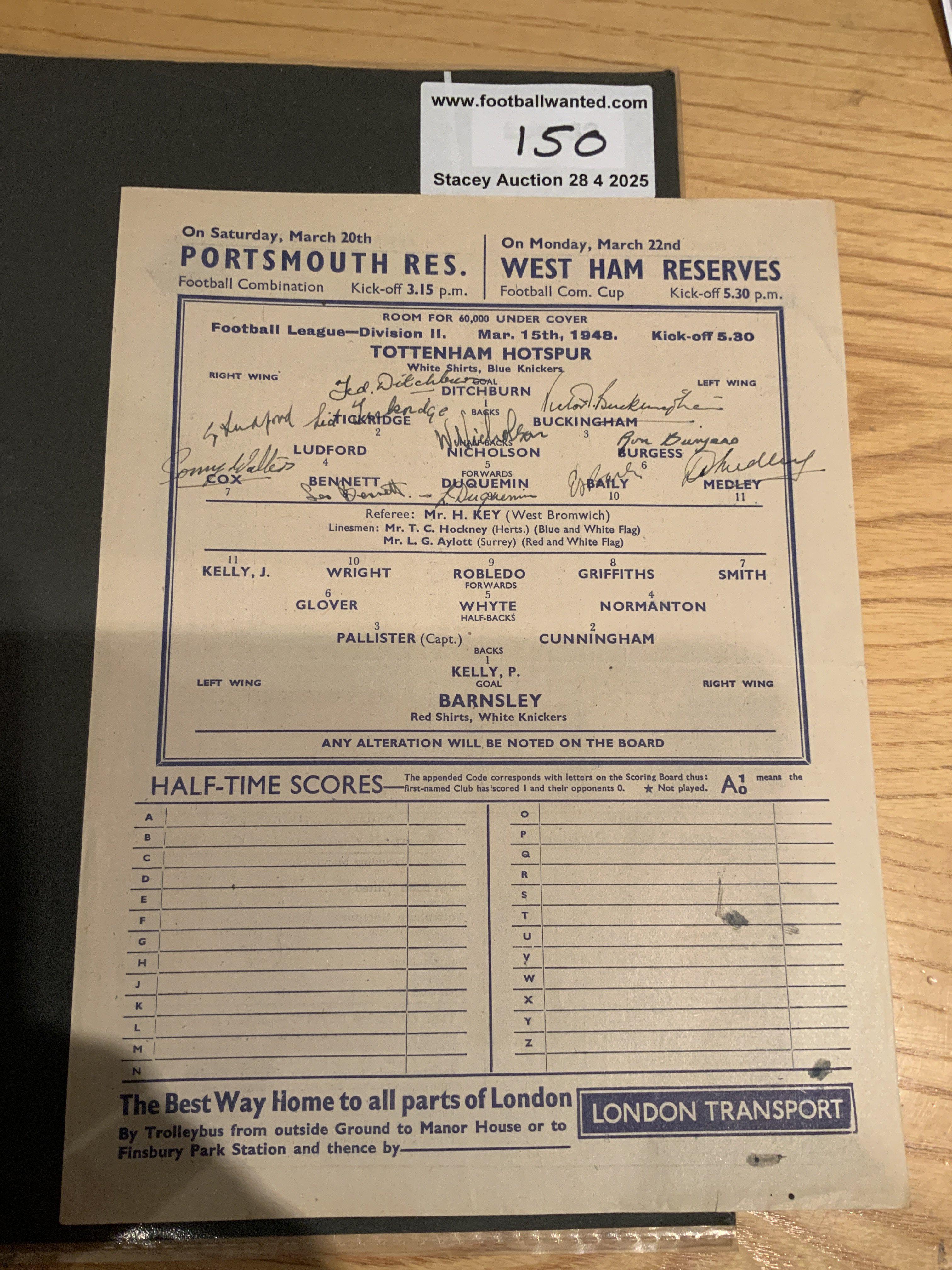 47/48 Tottenham Fully Signed Football Programme: Excellent condition home programme v Barnsley fully signed to team page by the whole Spurs line up including Bill Nicholson.