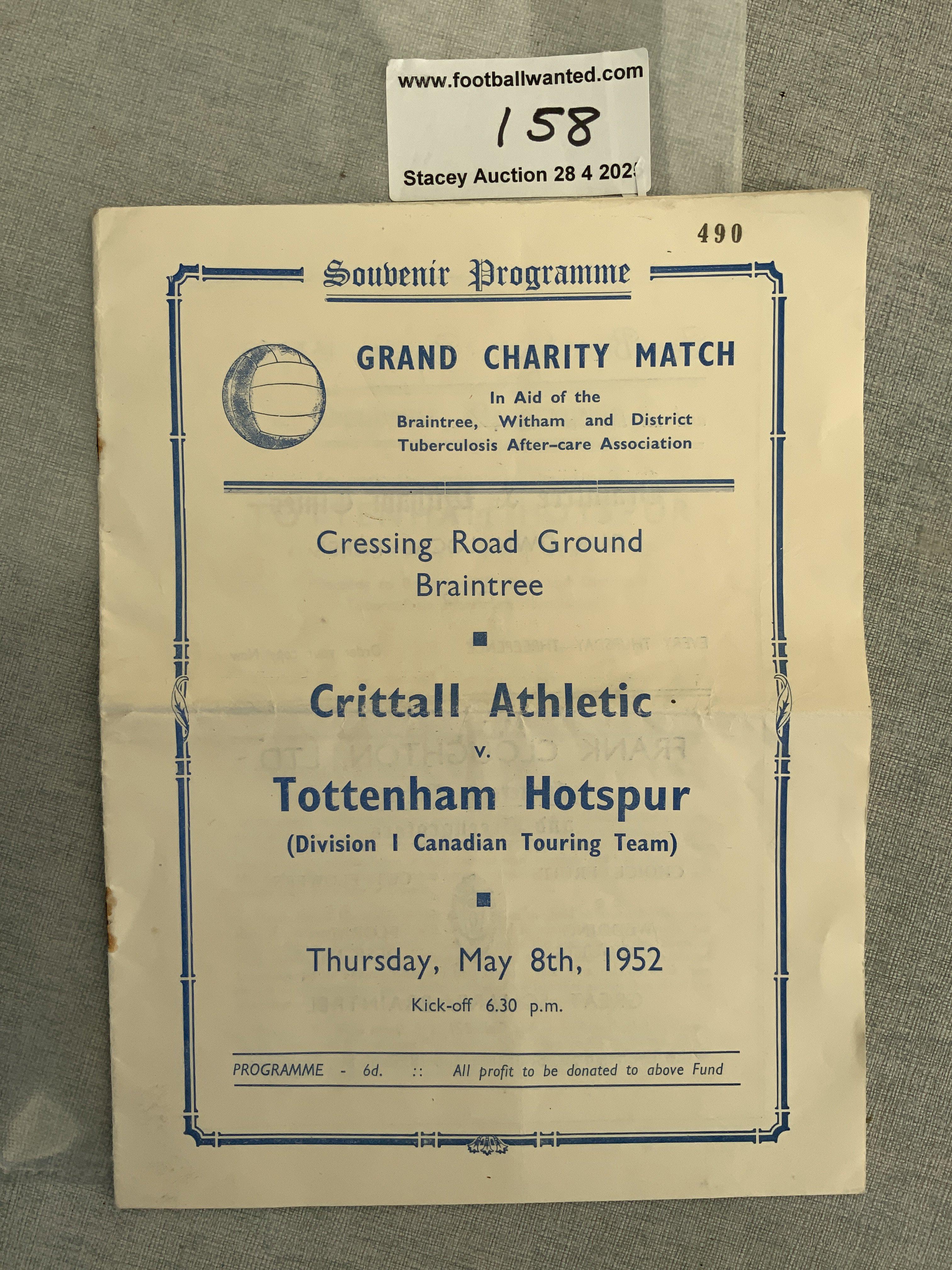 1952 Crittall Athletic v Tottenham Football Programmes: Fair condition with team changes and rusty staples holding firm. Fold.