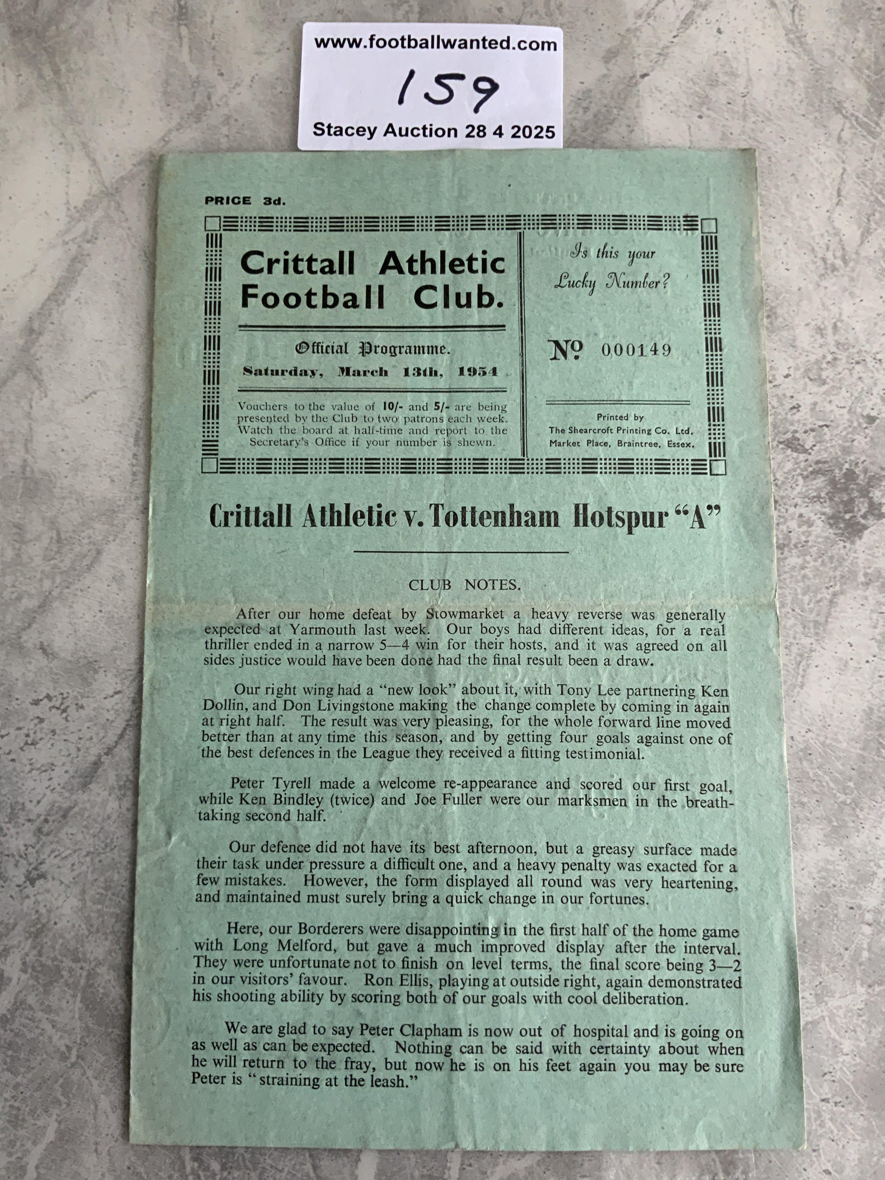 53/54 Crittall Athletic v Tottenham A Football Programme: Very good condition Eastern Counties League programme with team changes and score to team page. Dated 13 3 1954.