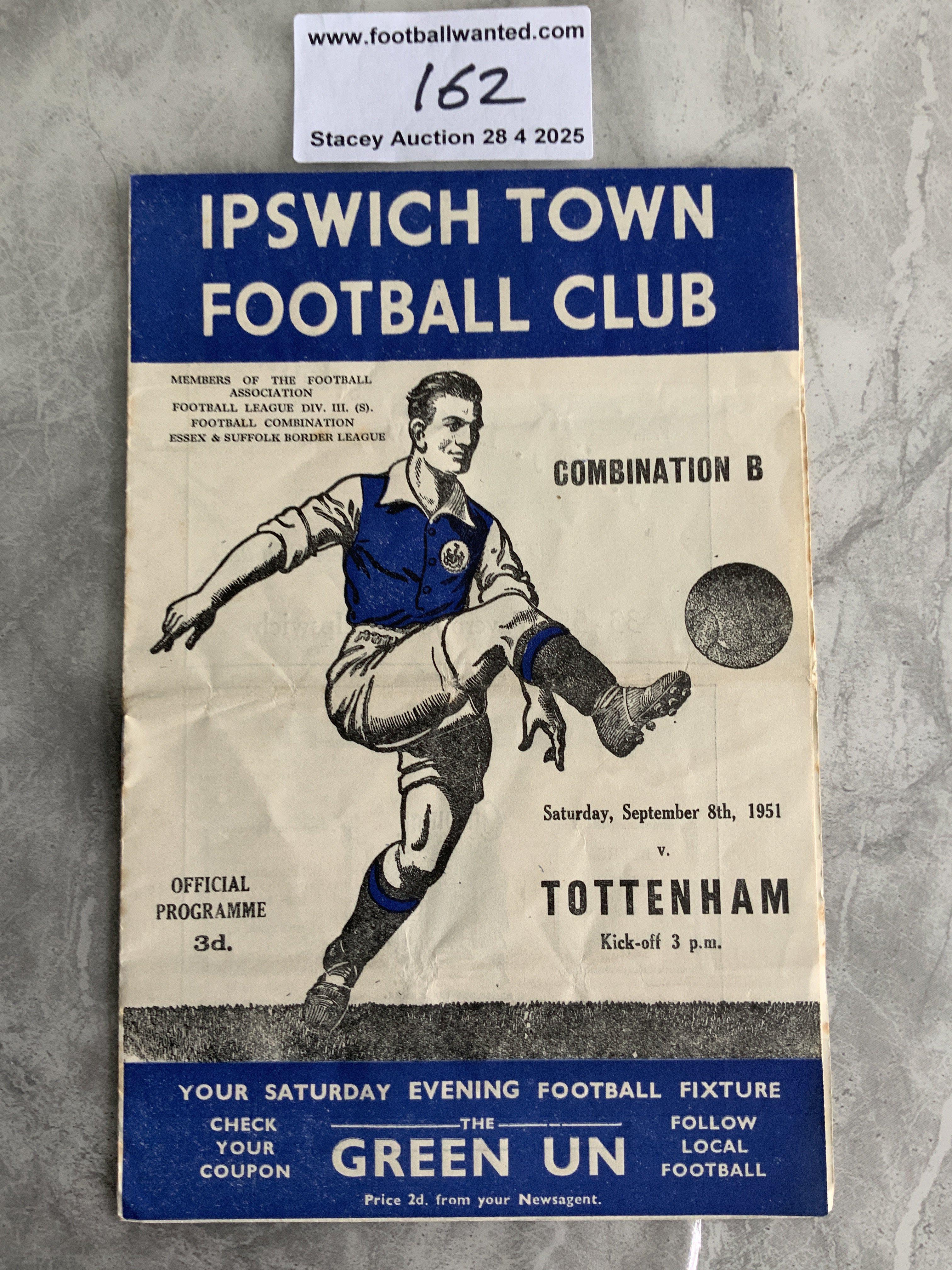 51/52 Ipswich Town v Tottenham Reserves Football Programme: Good condition Football Combination programme with no team changes. Dated 8 9 1951.