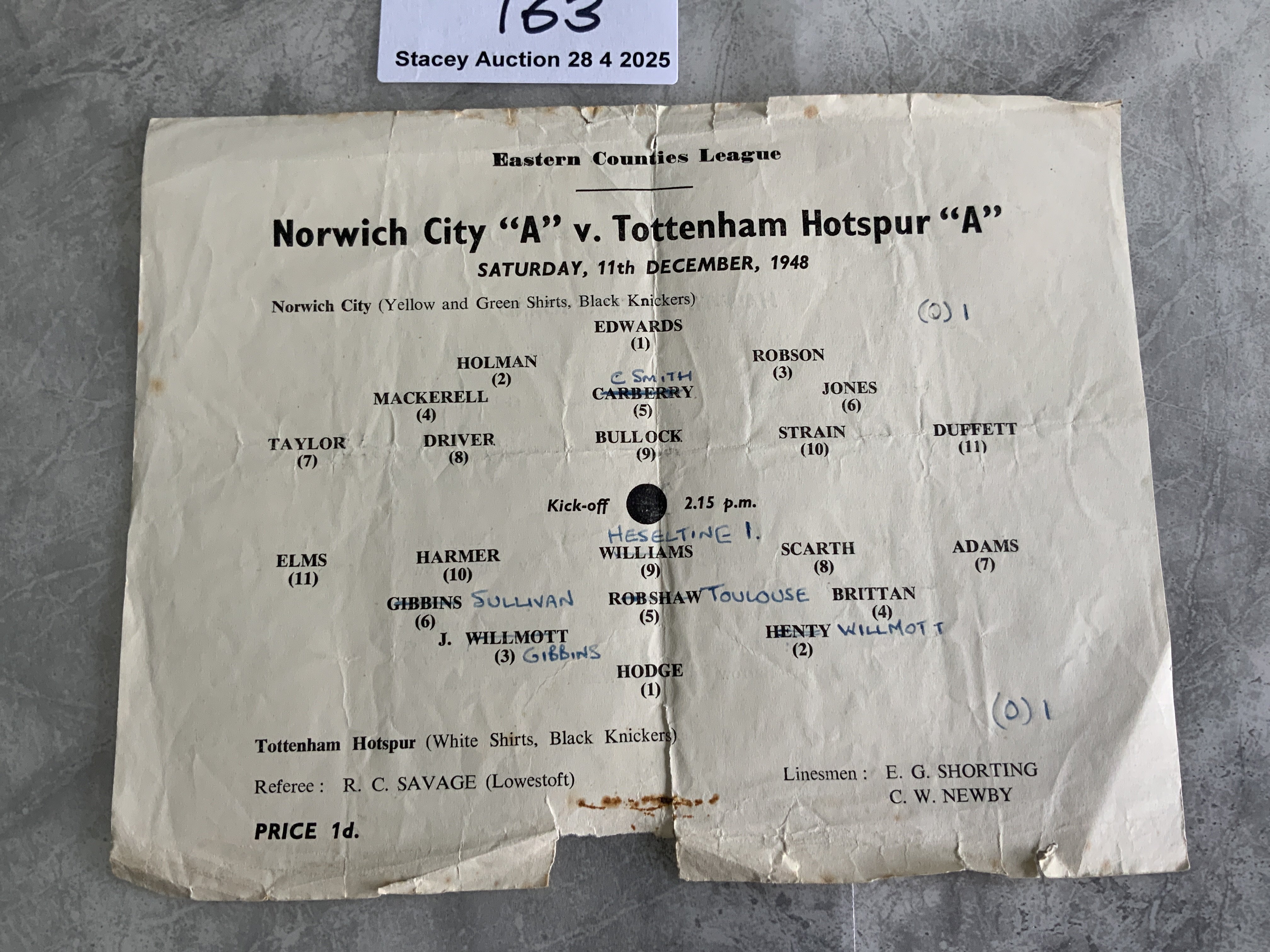48/49 Norwich City v Tottenham ECL Football Programme: Rare Eastern Counties League single sheet programme with team changes and score. Dated 11 12 1948. A team match programme has piece missing from lower border and a bit tatty to edges.