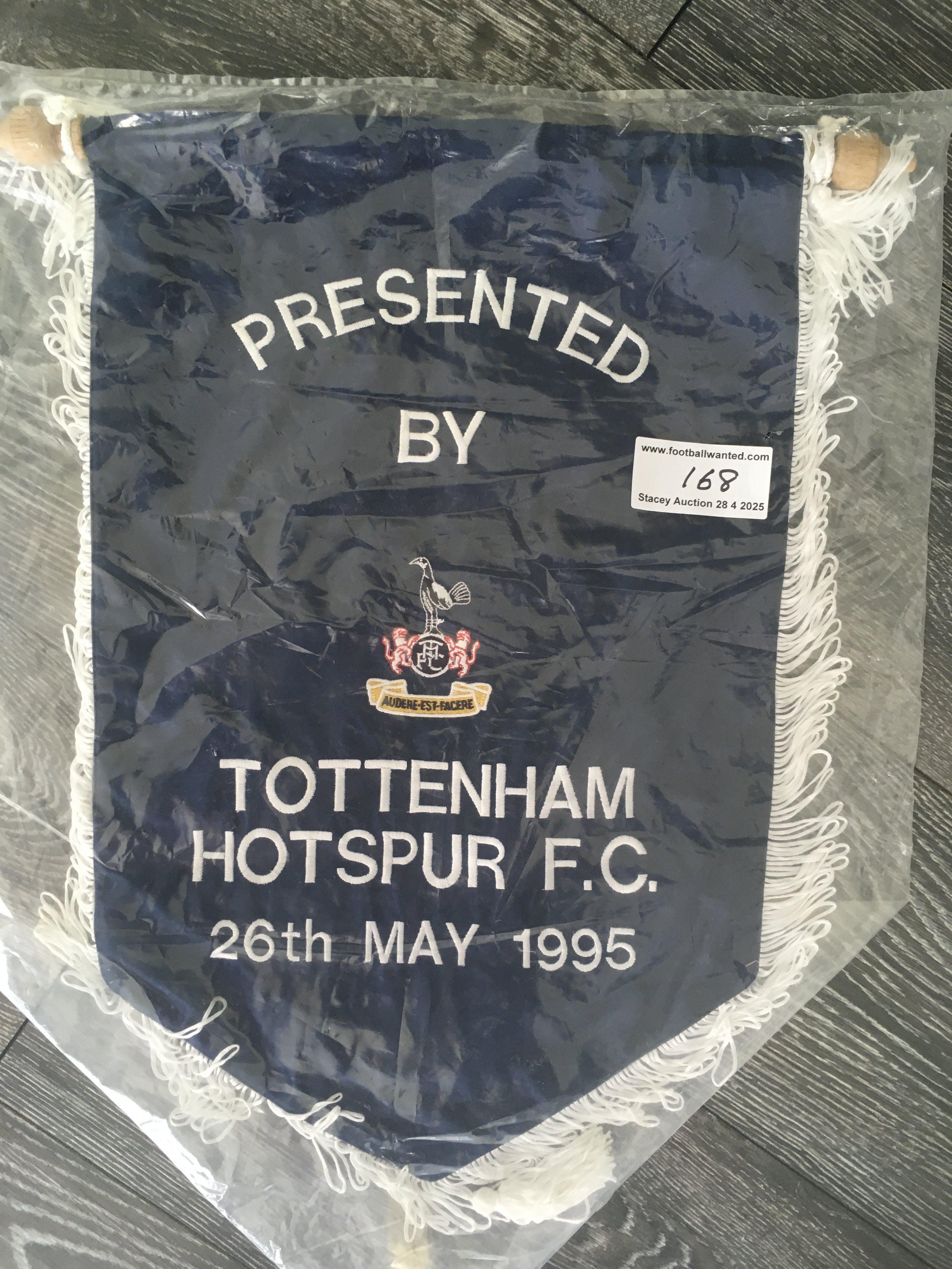 1995 Singapore v Tottenham Exchange Football Pennant: Played on 26 5 1995. Very large pennant measuring 19 inches high with Tottenham embossed badge to centre and date of match. Not commercially available.