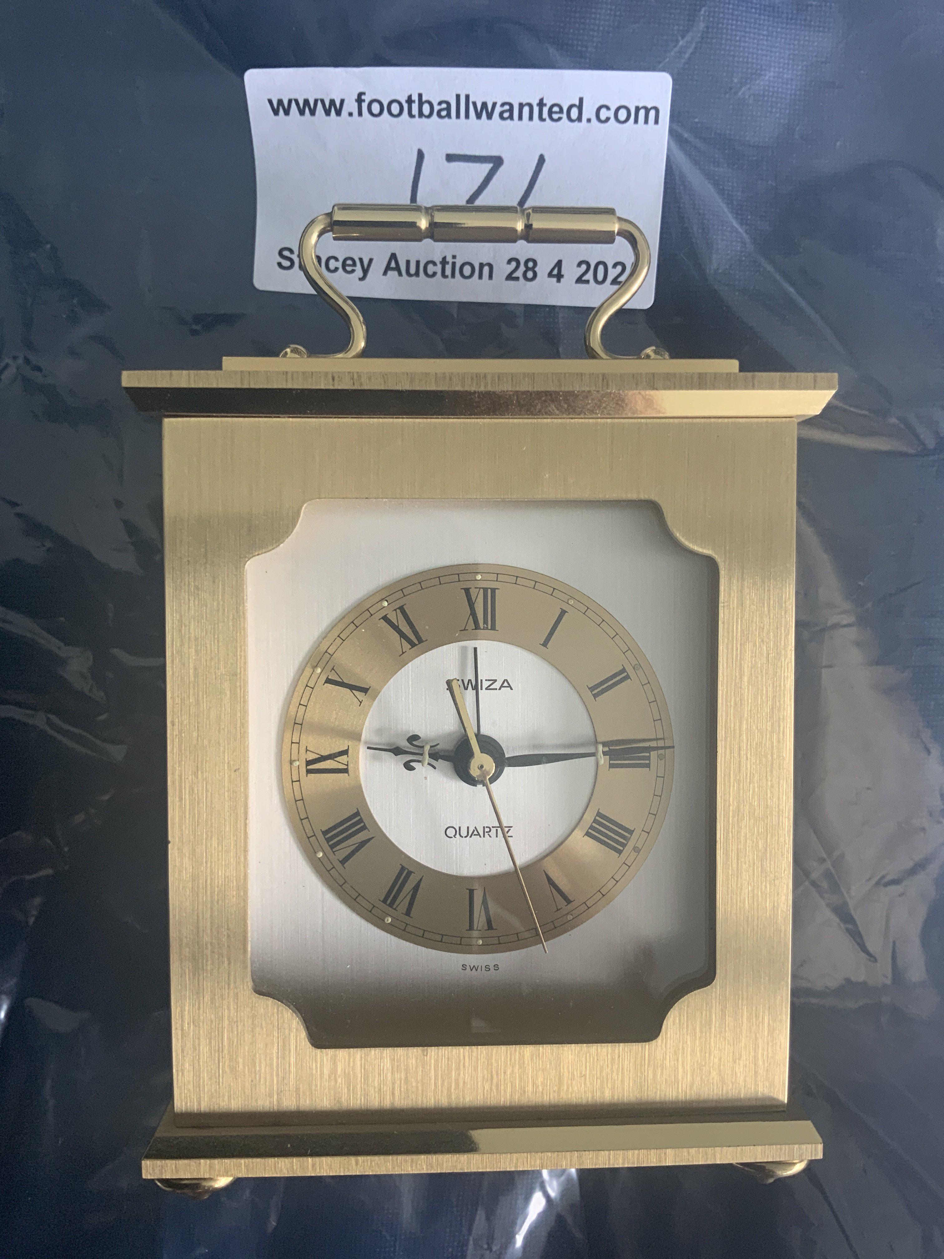 Tottenham 1984 UEFA Cup Final Football Gift: Incredibly rare carriage clock was not even given to players. Swiss made heavy clock is engraved to rear UEFA Cup Finale Tottenham FC RSC Anderlecht 23 5 1984. This was the second leg in which another draw forced penalties which Spurs won. Anderlechts gift to Tottenham given to club secretary Peter Barnes.
