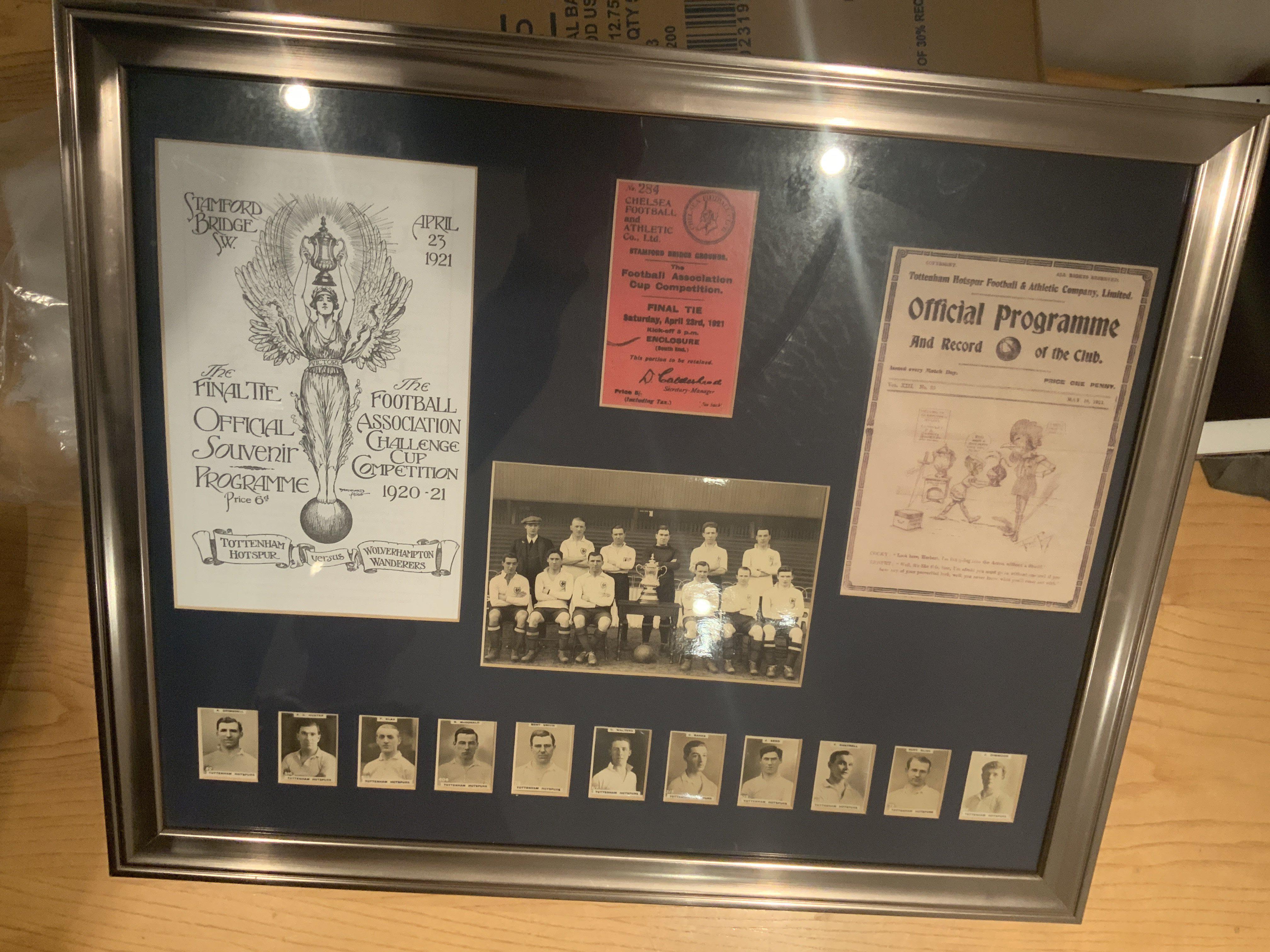 Tottenham 1921 FA Cup Final Framed Display: 11 original Pinnace cards together with with replica final programme ticket and team group. Nice item.