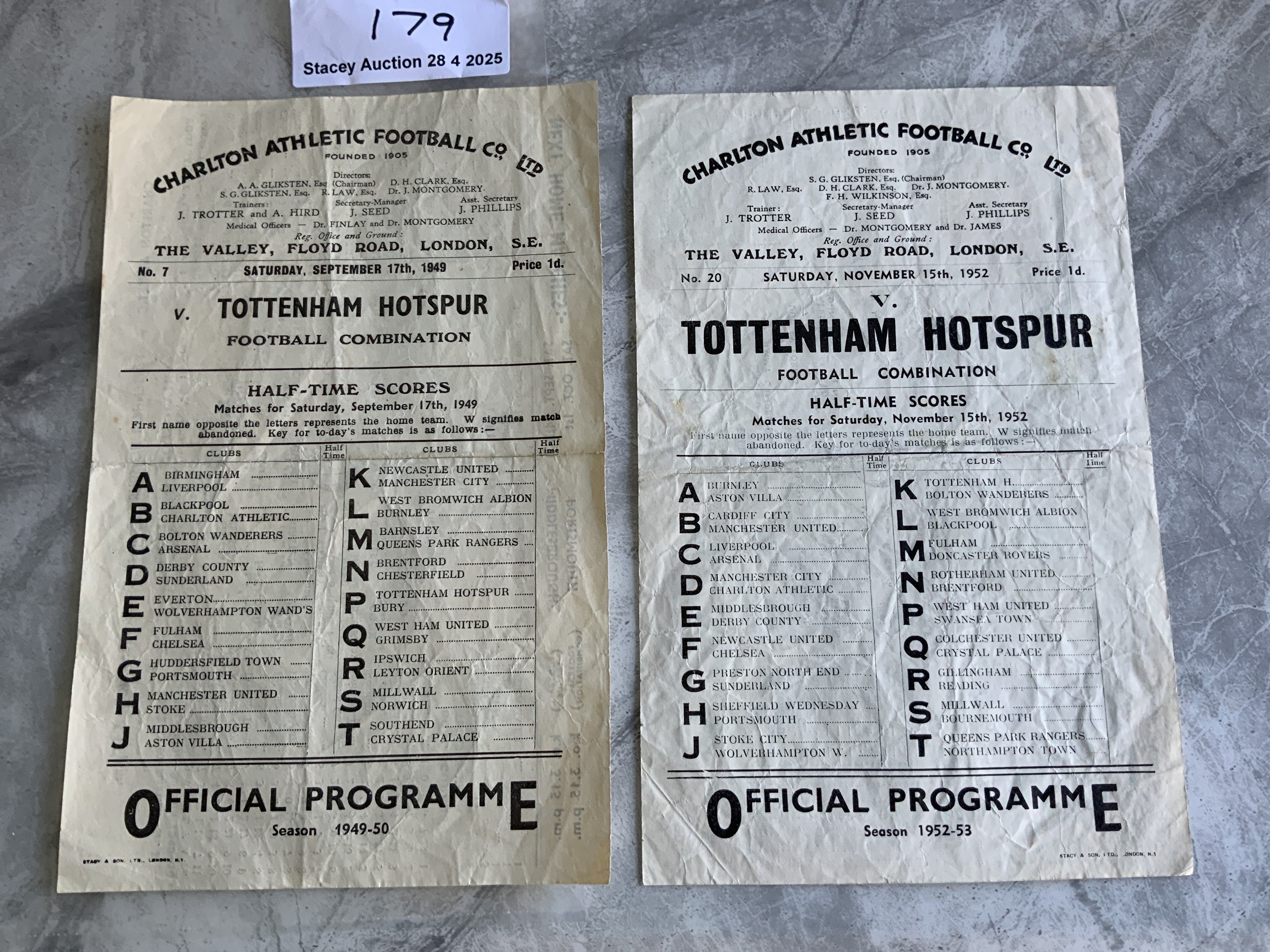 49/50 + 52/53 Charlton v Tottenham Football Combination Programmes: Both single sheets one dated 17 9 1949 in good condition with no team changes but folding. Other Combination match is similar and dated 15 11 1952. (2)