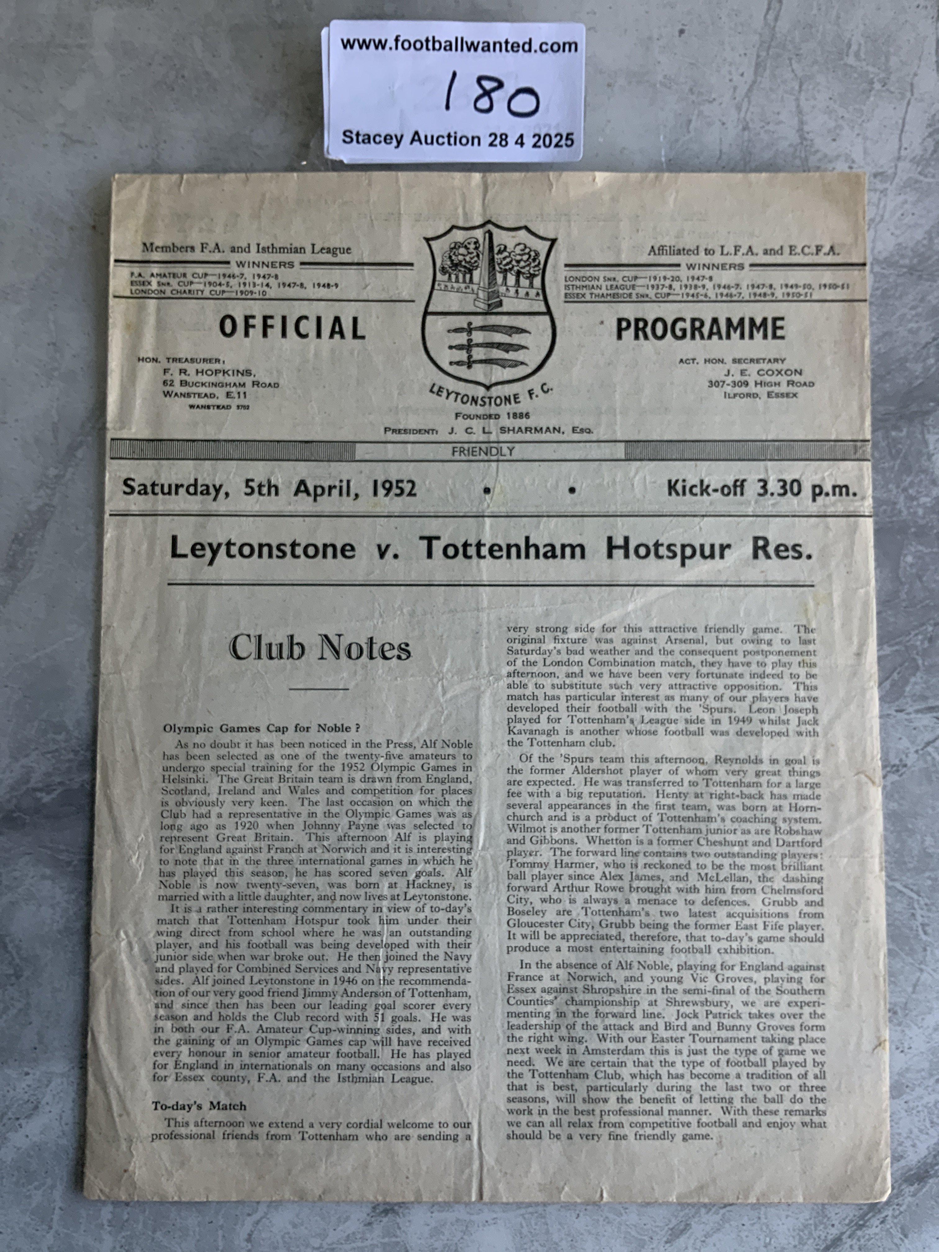 51/52 Leytonstone v Tottenham Reserves Football Programme: Good condition friendly programme with no team changes but score written inside.