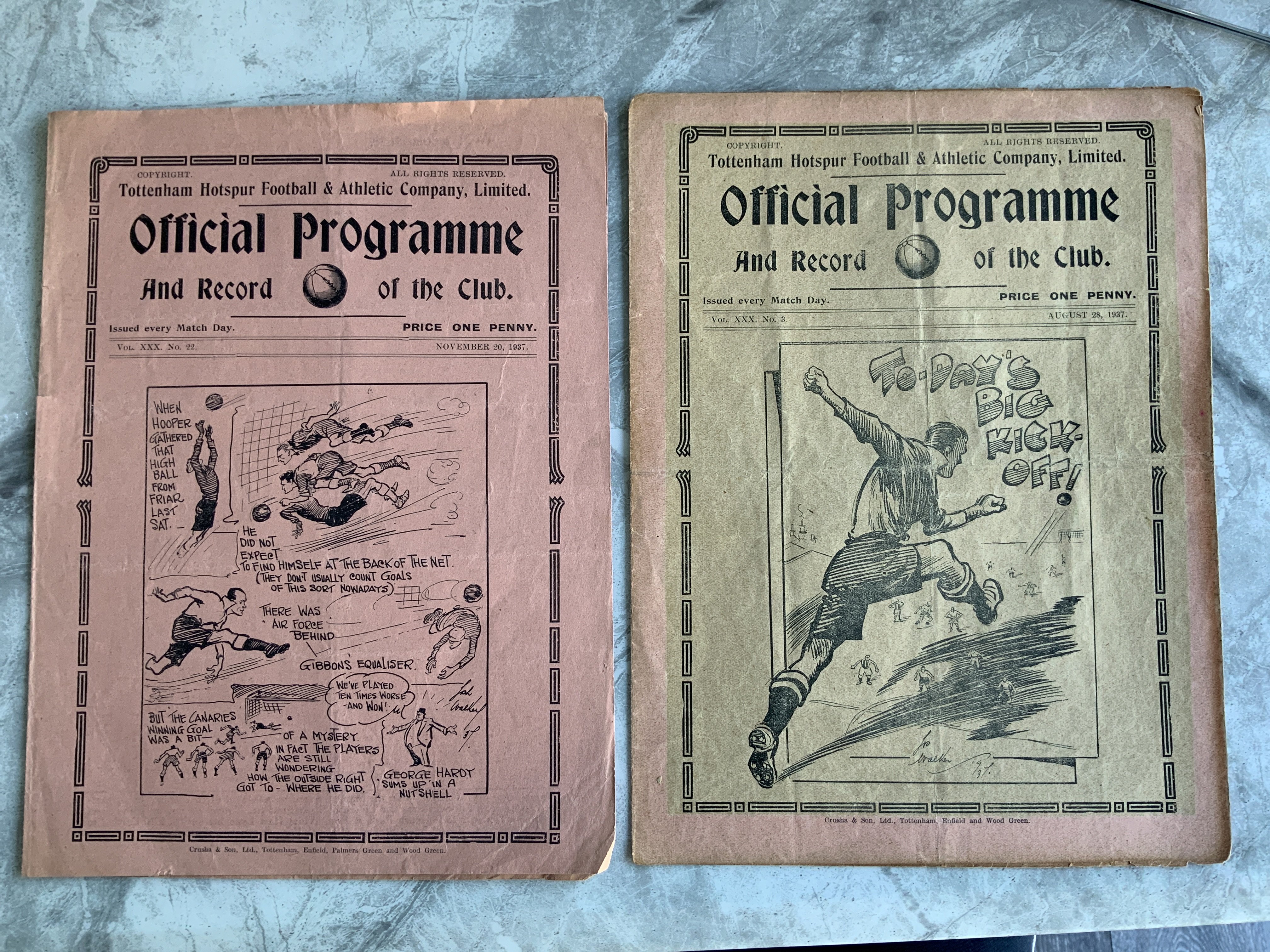 37/38 Tottenham Home Football Programmes: Division two matches v West Ham which is very good without writing and Coventry which was in a frame and has discoloured. (2)