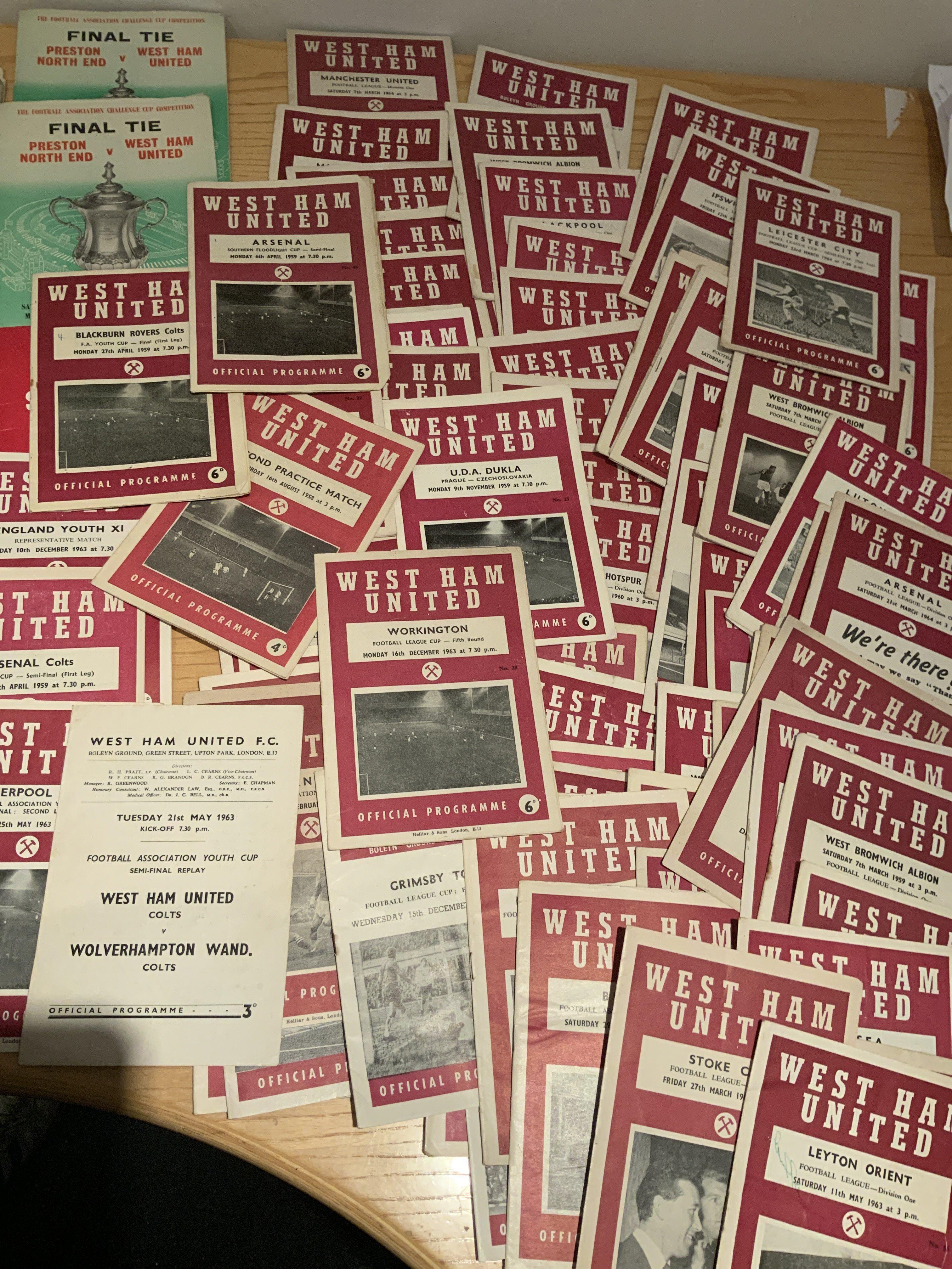 West Ham Football Programmes: Includes home League Cup 63/64 Workington, Youth Cup v 1963 Liverpool Final, Wolves Semi, 1958 Practice Match. Away testimonial 1963 Southend, 1963 Cricket match with 6 West Ham players, 2 x 1964 FA Cup finals. Late 59s to mid 69s in mainly good condition. (Est 100)