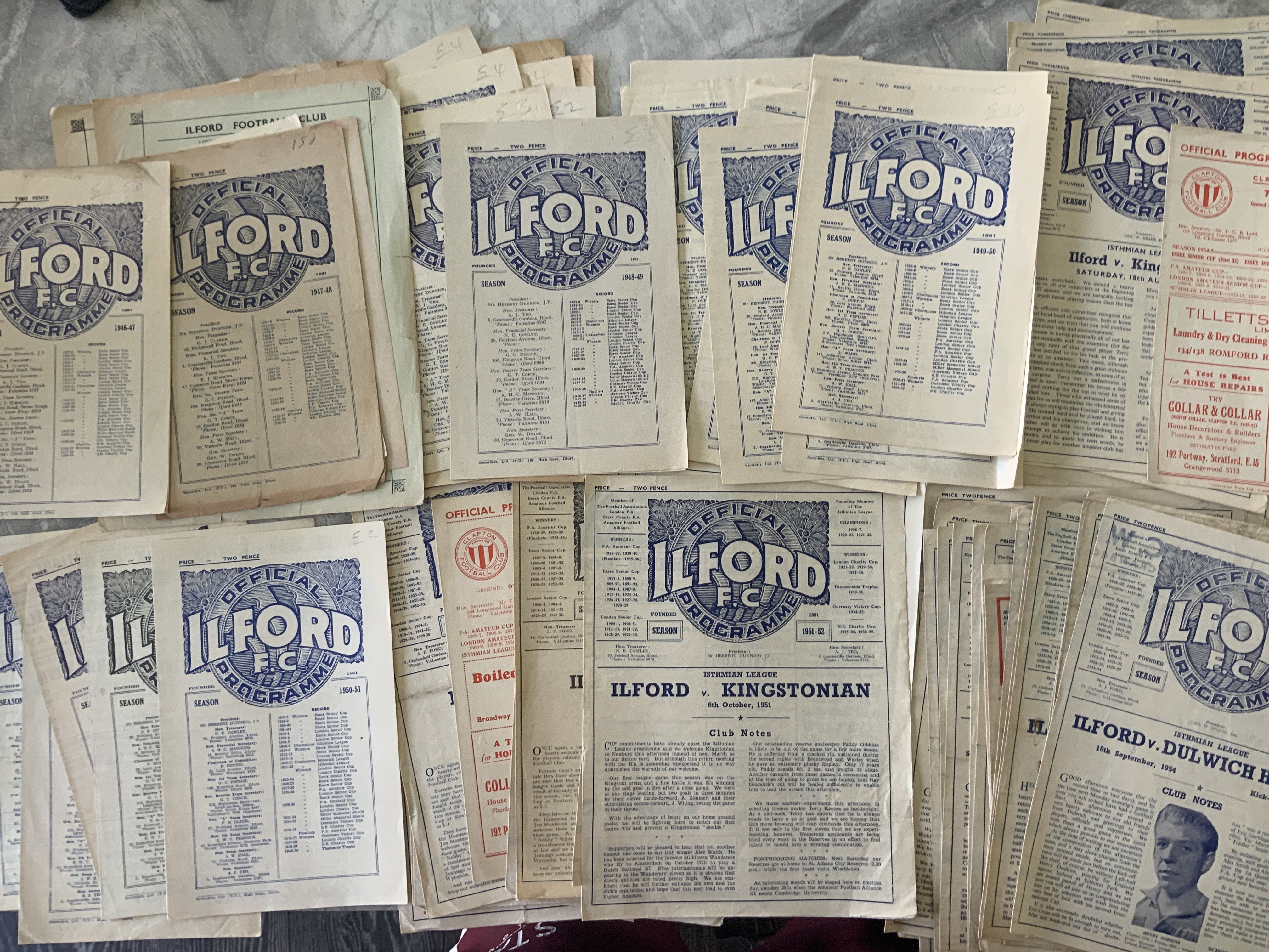 Ilford 1940s + 1950s Football Programmes: 46/47 Oxford City then 47/48 x 6, 47/48 x 12, 49/50 x 8. From 50/51 to 54/55 there are 66 then a further 9 to 57/58. Good condition mainly homes including a few reserves. (100+)