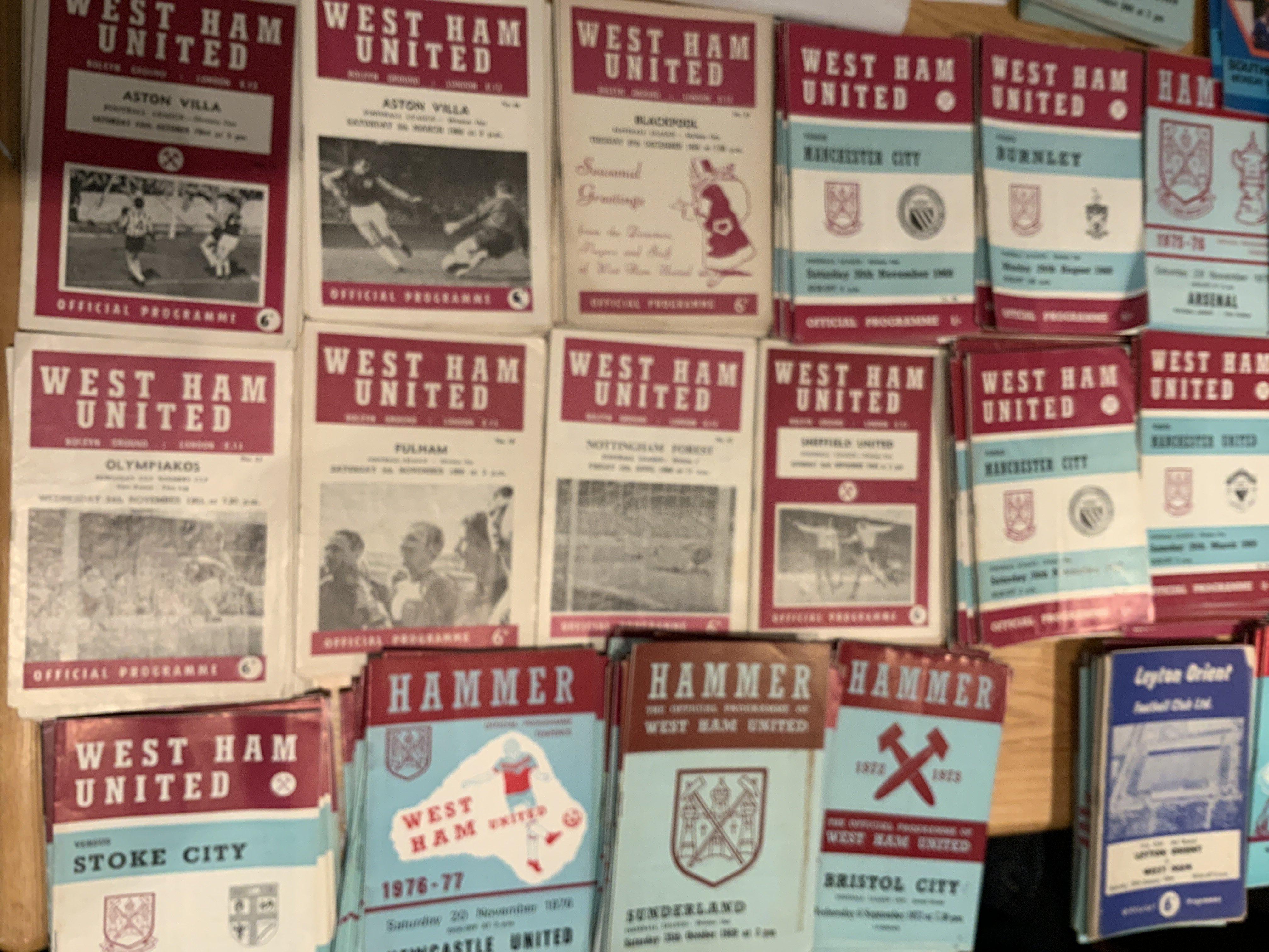 West Ham Home Football Programmes: From the 60s to the 80s in good condition with duplication. Quantity in large box.