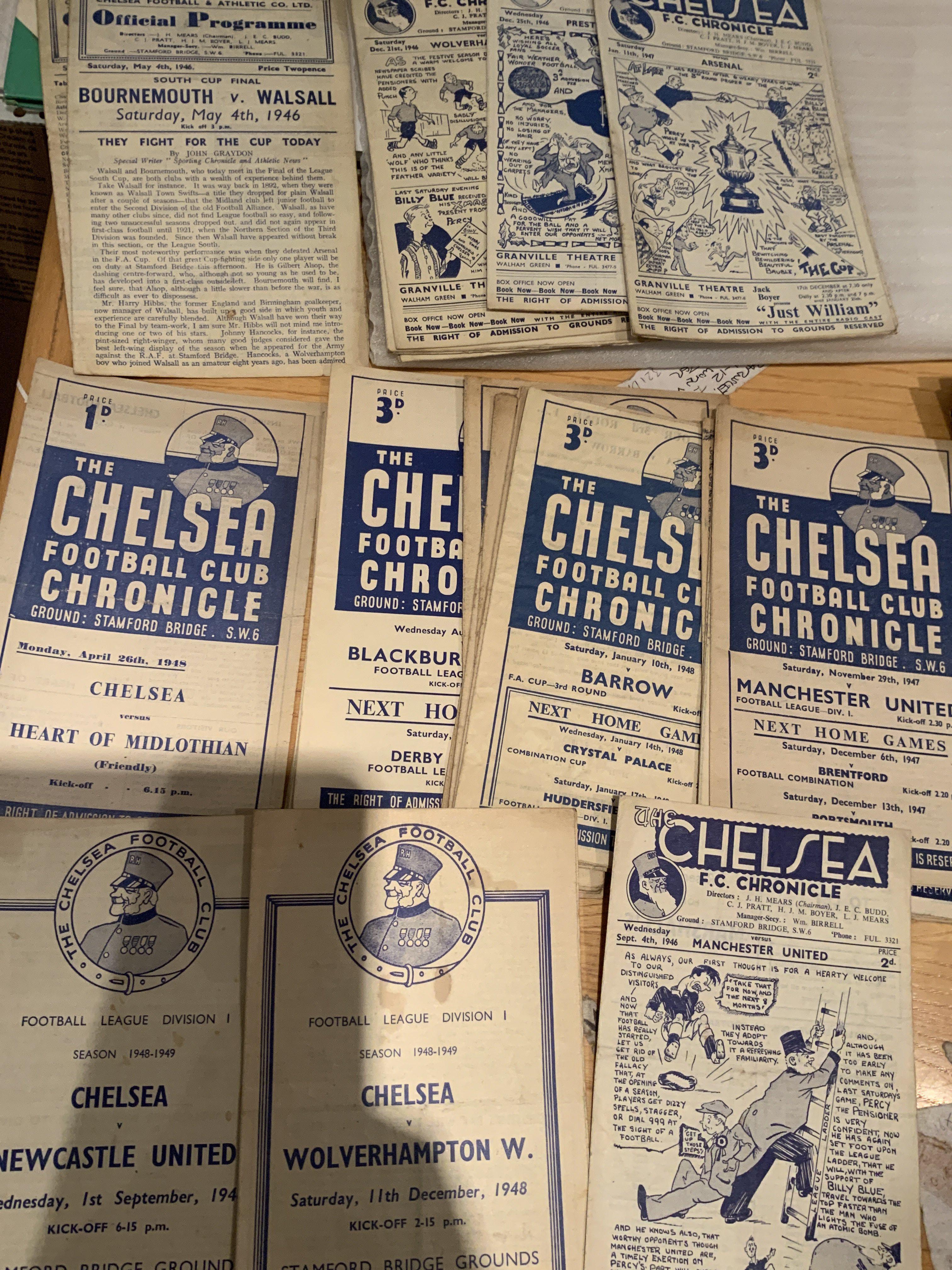 Chelsea Home Football Programmes: 45/46 Bournemouth v Walsall South Cup finals, Aston Villa, 46/47 x 11 including Manchester United, 47/48 x 23 including Hearts, Manchester United, 48/49 x 2, 49/50 x 15. From 58/59 to 70/71 there is a large quantity that must be nearly complete. Good condition.