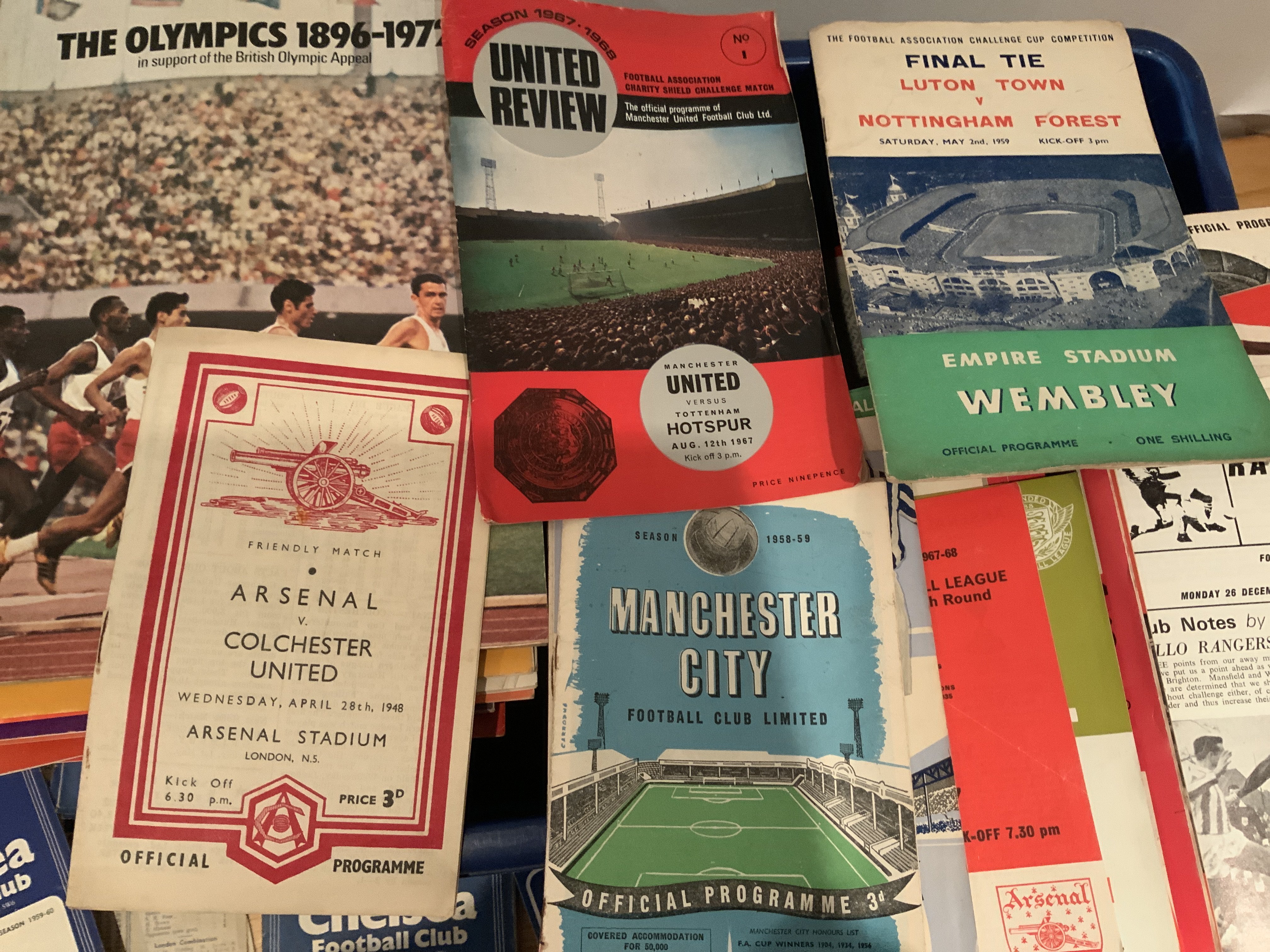 Football Programme + Memorabilia Box: Over 30 Chelsea aways mainly from the 60s and a wad of more modern homes. Goal + Charles Buchan magazines. Wide variety of big match to include FA Cup finals, programmes from the 50s and 60s. Spotted 47/48 Arsenal v Colchester friendly and much more. Worth a look. (box)