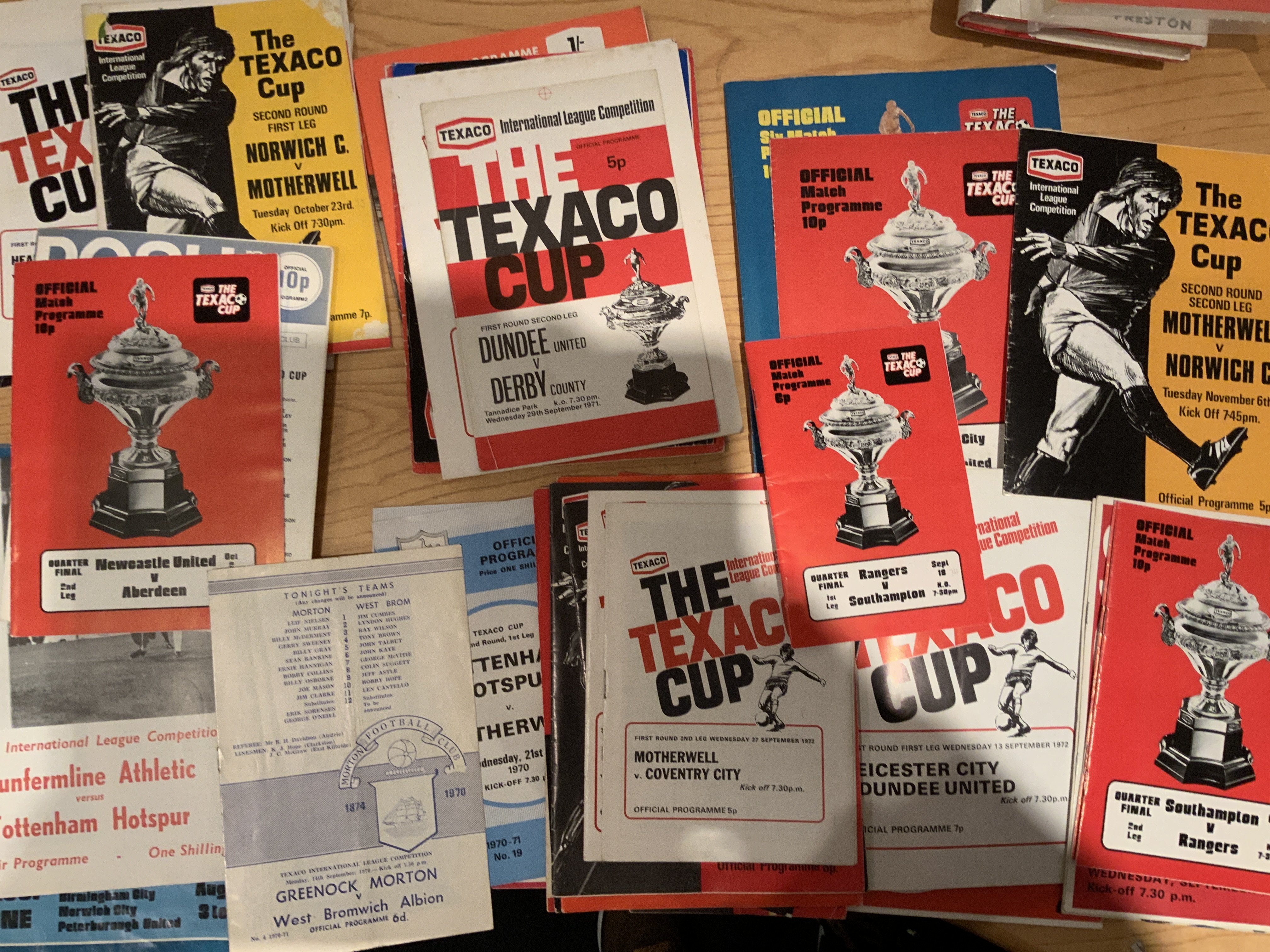Texaco Cup Football Programme Collection: From the competition played by Scottish and English clubs in the 70s. Home programmes of Dunfermline Greenock Morton East Fife Dundee Utd Ayr Utd Motherwell Hearts Morton Airdrie Kilmarnock Rangers Tottenham Newcastle West Brom and Derby. Good. (est 40)