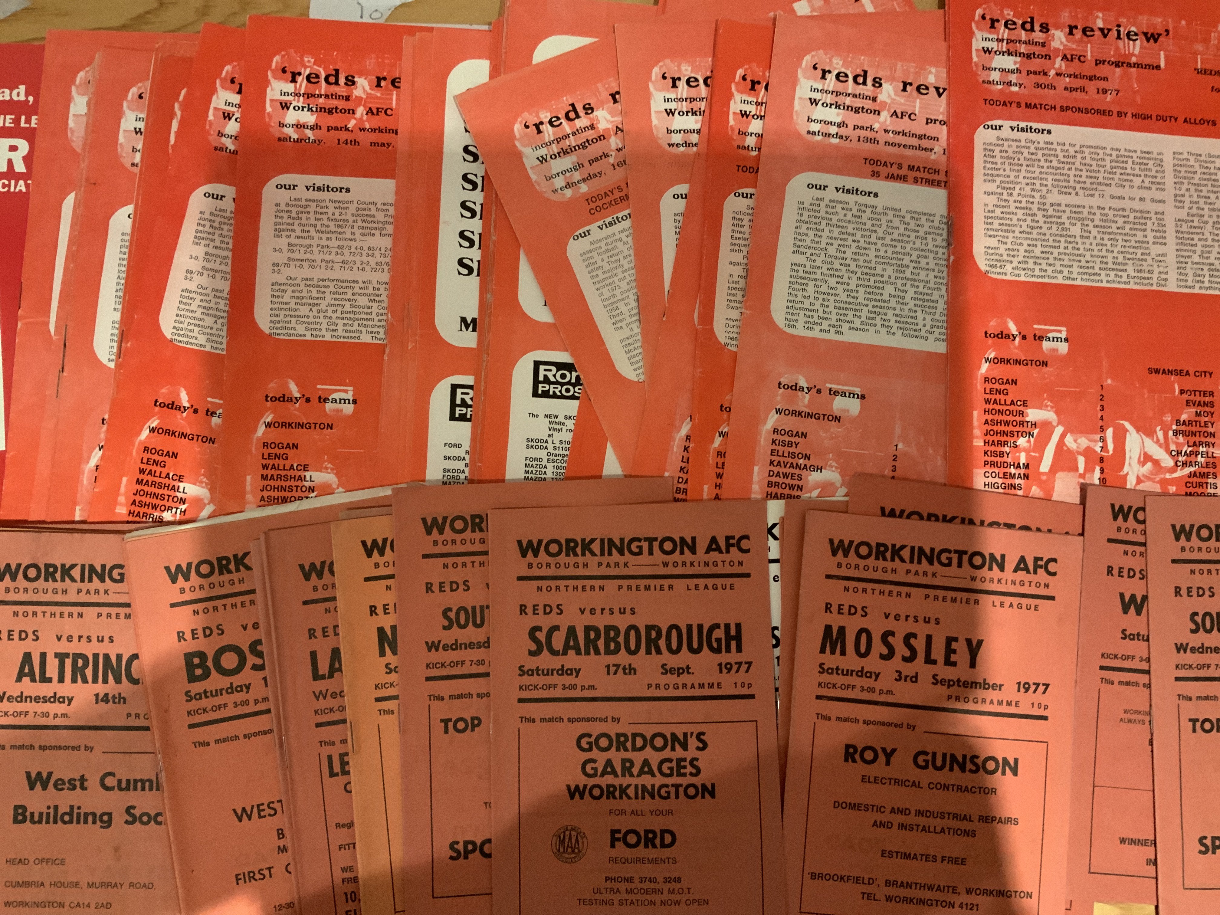 1970s Workington Football Programmes: 76/77 large homes from last season in the league and 77/78 first season in the Northern Premier League. Both sets look mint and complete. C/W possible complete season of 76/77 aways and incredibly for Newport County there are 6 postponed dated 18/12/76 and 28 of the played match on 17/5/77 which was the last match in division four. Excellent. (100+)