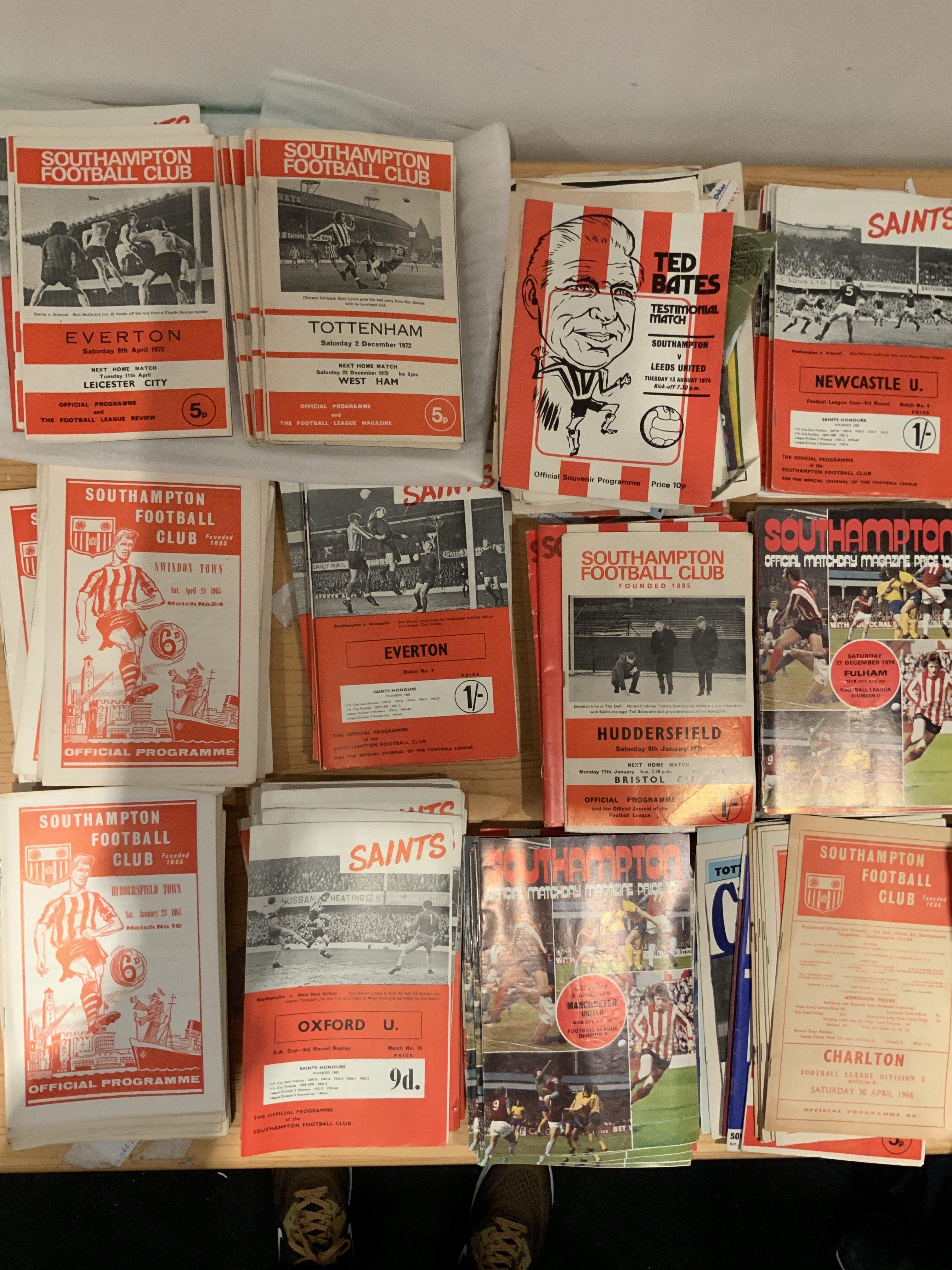 Southampton Home Football Programmes: Quantity of mainly home programmes in good condition from the mid 60s to the mid 70s. Not inspected but possibly near complete to include Texaco Cup etc. Additionally there are folders of home and away from 69/70 to 76/77 that could be complete. (2 boxes)