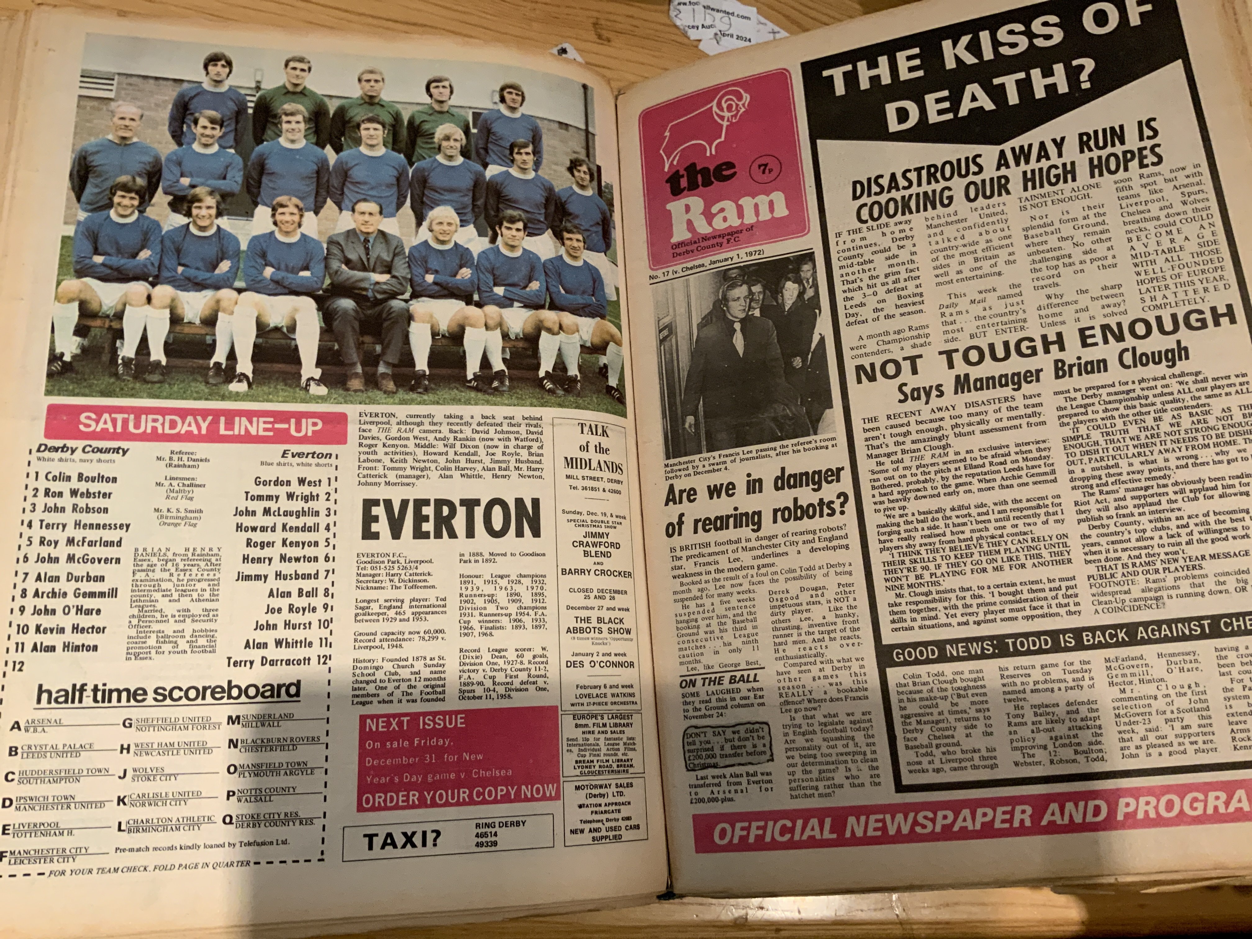 71/72 Derby County Complete Bound Home Football Programmes: Derby were champions this season and issued a newspaper style programme. Official large binder holding official good condition unwritten home programmes with 30 programmes to include Championship Souvenir and Texaco Cup Final.