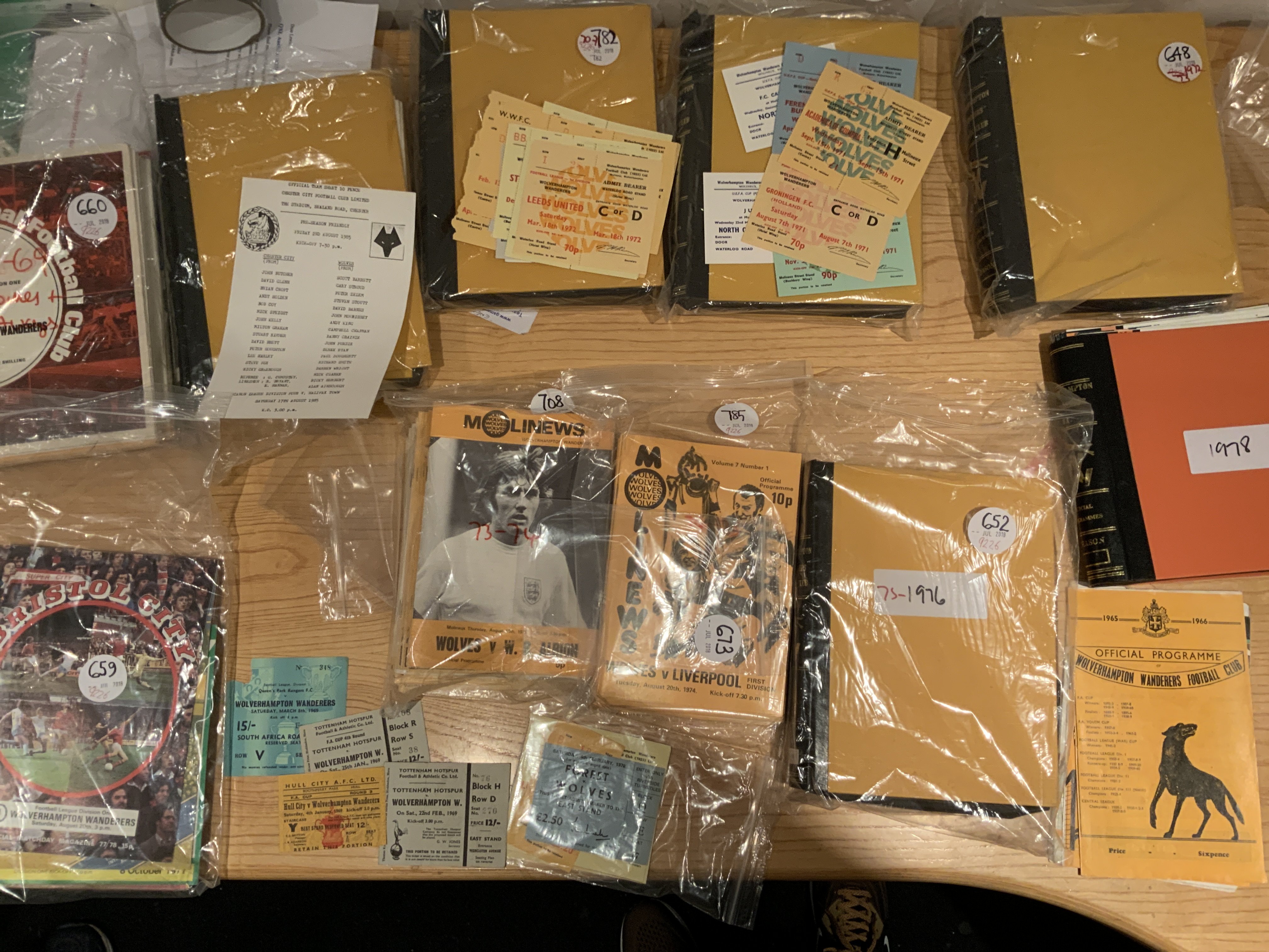 Wolves Football Programmes: Probable complete sets of homes from 66/67 to 77/78 in 14 official binders. C/W some sets of aways from the late 60s. Some great tickets to include 68/69 aways at Hull, QPR Tottenham league and cup. Home tickets include European homes and many more. (box)