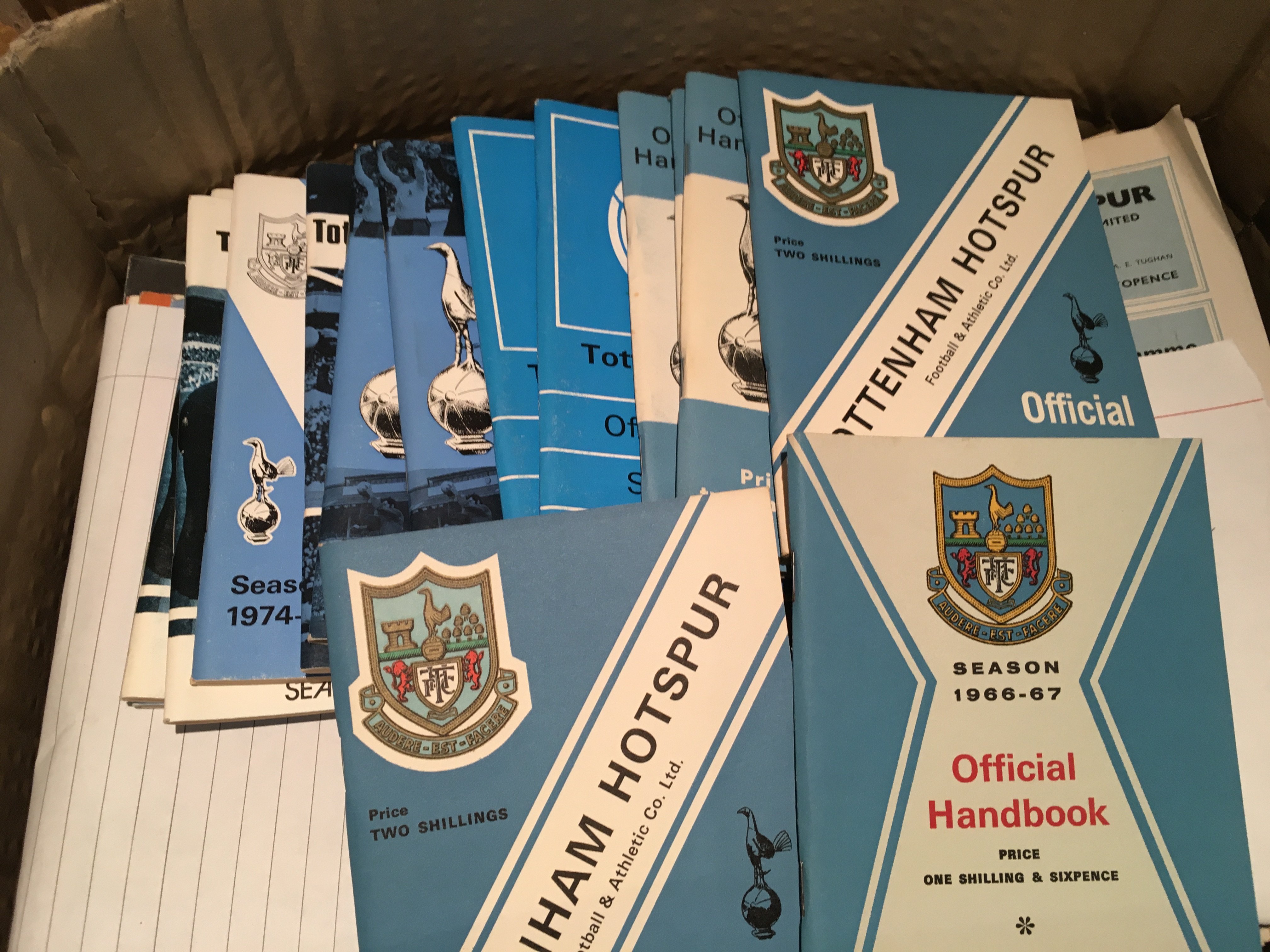 Tottenham Football Programme Collection: Stunning condition with the benefit of many reserves and youth programmes. Aways include 12 different from 60/61, 67/68 Charity Shield, Hadjuk, 62/63 Rangers, Athletico Madrid final. Homes run from 61/62 to the early 80s and must be near complete. C/W 15 Spurs handbooks. (2 boxes)