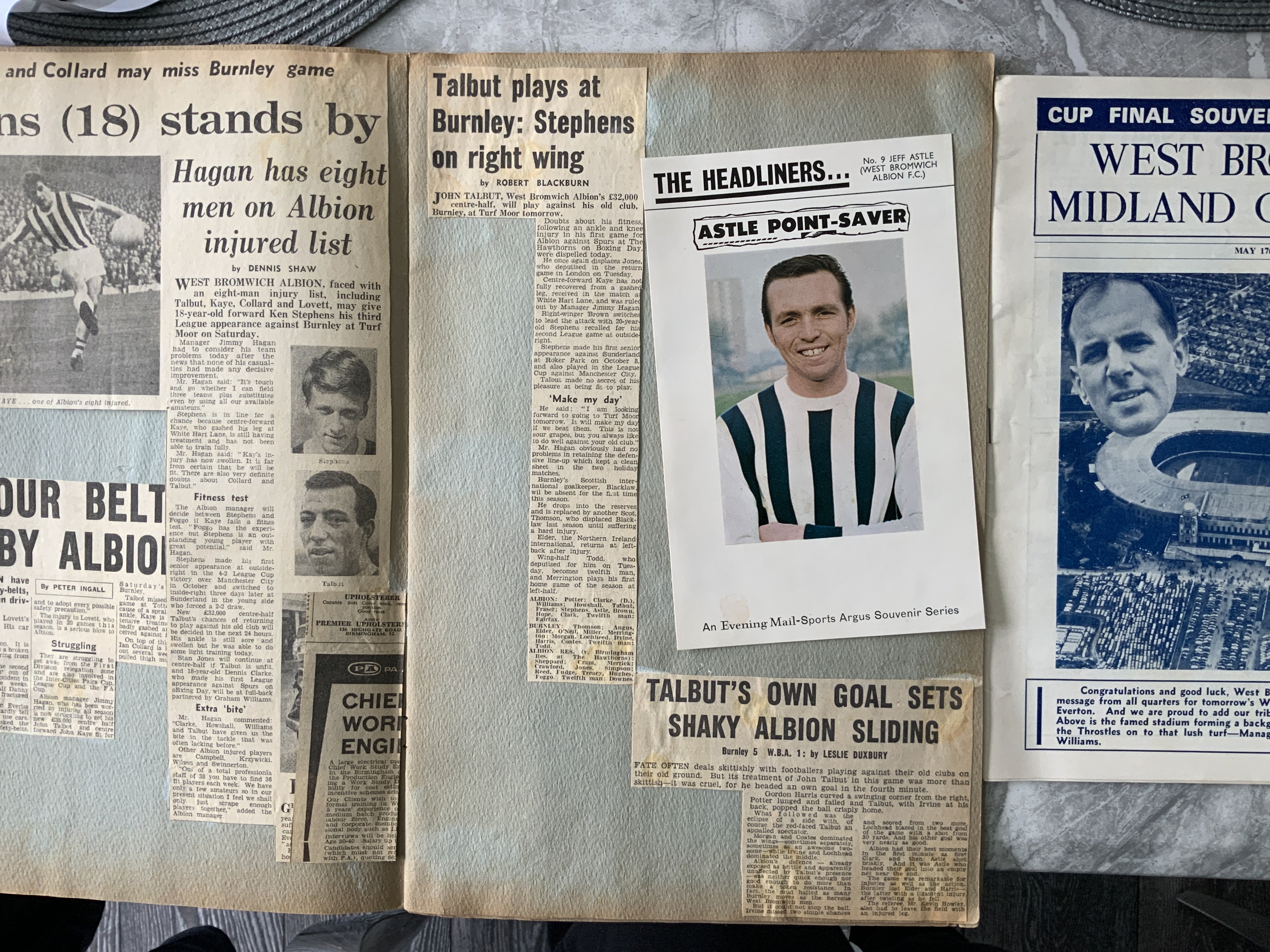 West Brom 1960s Football Programmes + Memorabilia Box: 1968 FA Cup final papers and souvenir brochures. Programmes, scrapbook, Sporting Argus newspapers including 1954 and more. (box)
