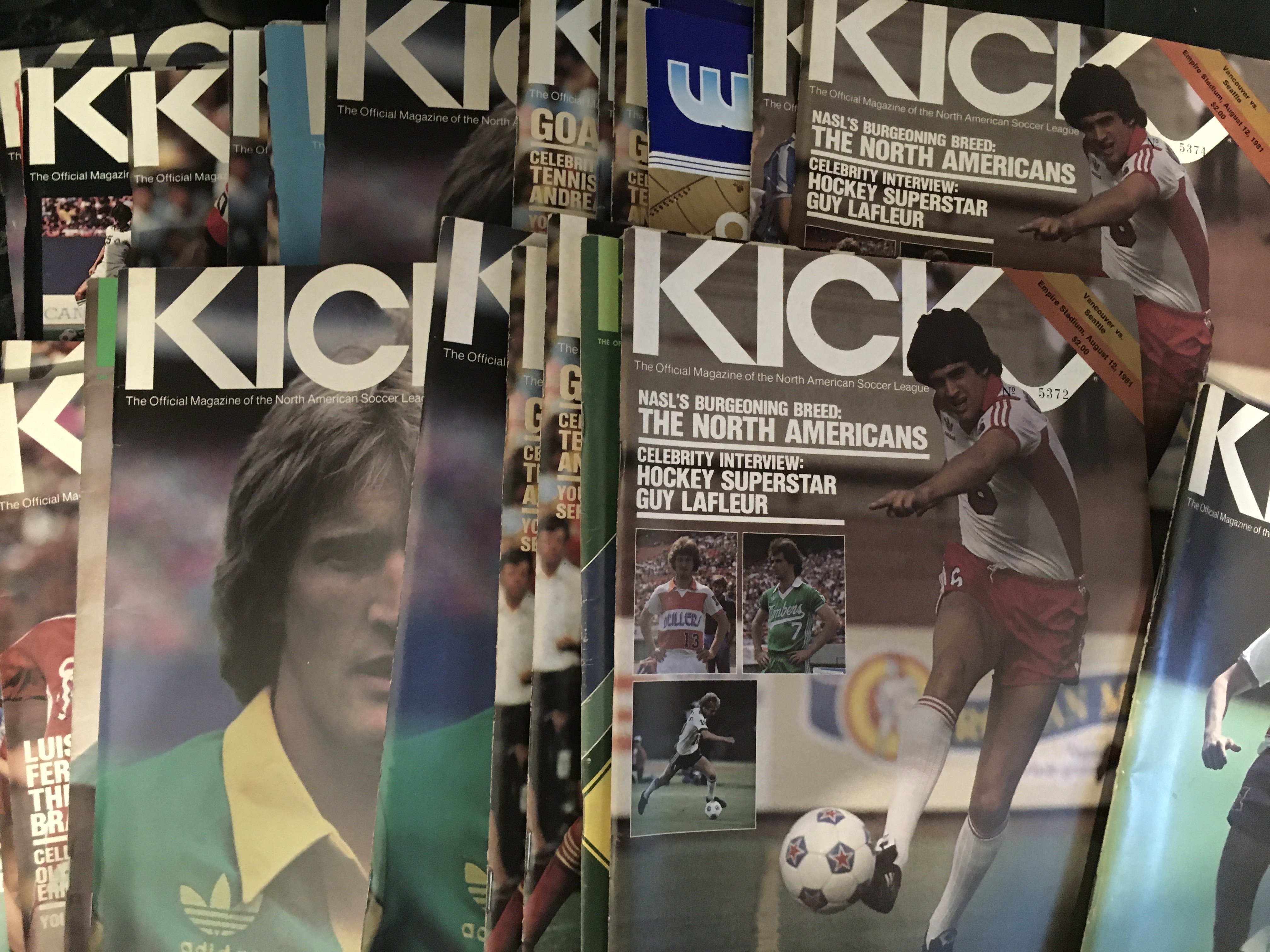 Vancouver Whitecaps NASL Football Soccer Programmes: Former property of player Alan Taylor. 29 Kick magazines mainly of Vancouver Whitecaps matches Taylor was involved in from the early 80s. C/W 4 handbooks and a couple of Soccer magazines.