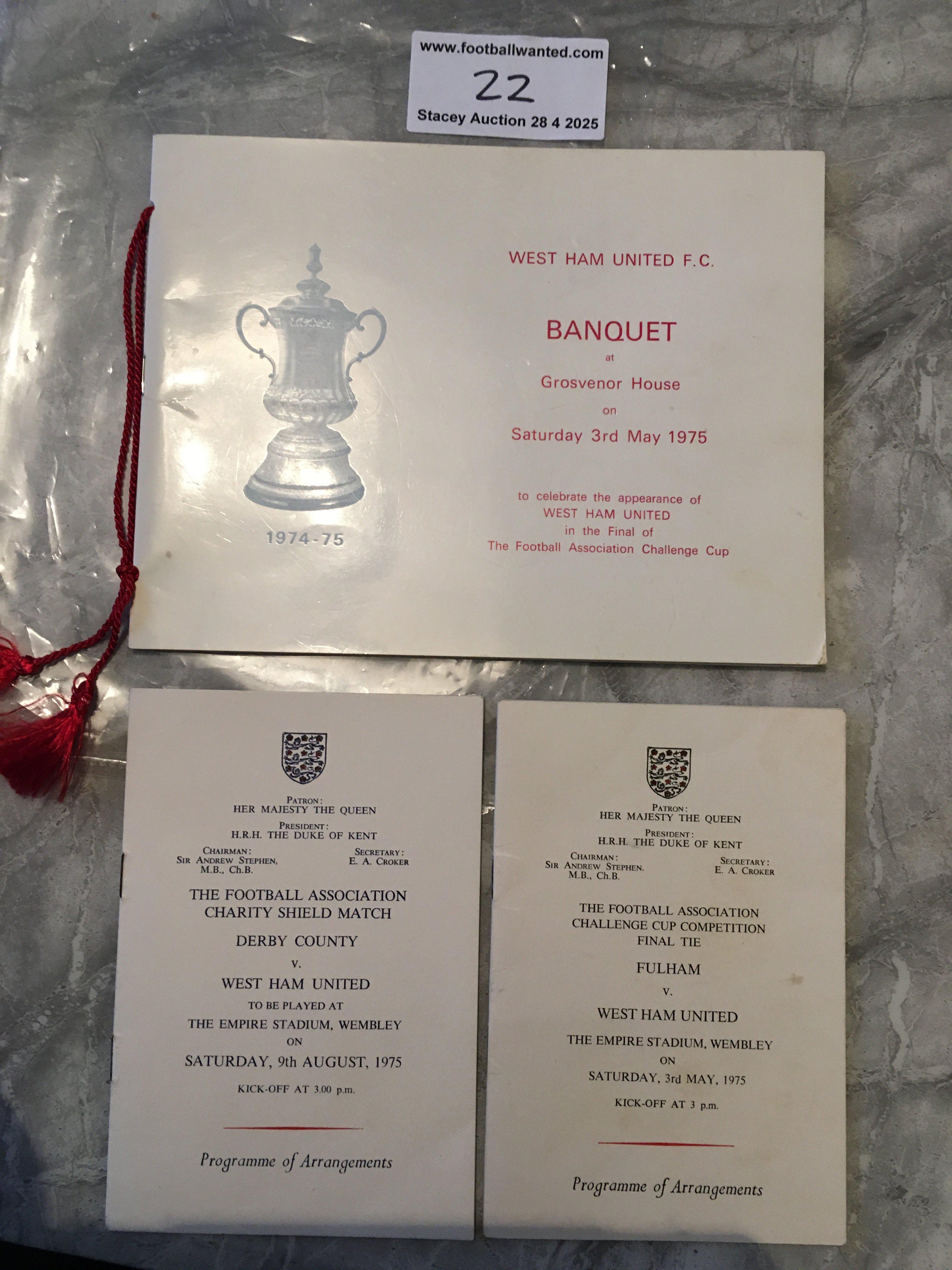 1975 West Ham Football Players Menus: Programme of Arrangements for the FA Cup final and the Charity Shield both played at Wembley. C/W banquet menu at Grosvenor House the evening of match signed inside by Lock Jennings Holland Day and director Cearns. Former property of Alan Taylor who was awarded the golden boot by Jimmy Hill. Excellent condition. (3)