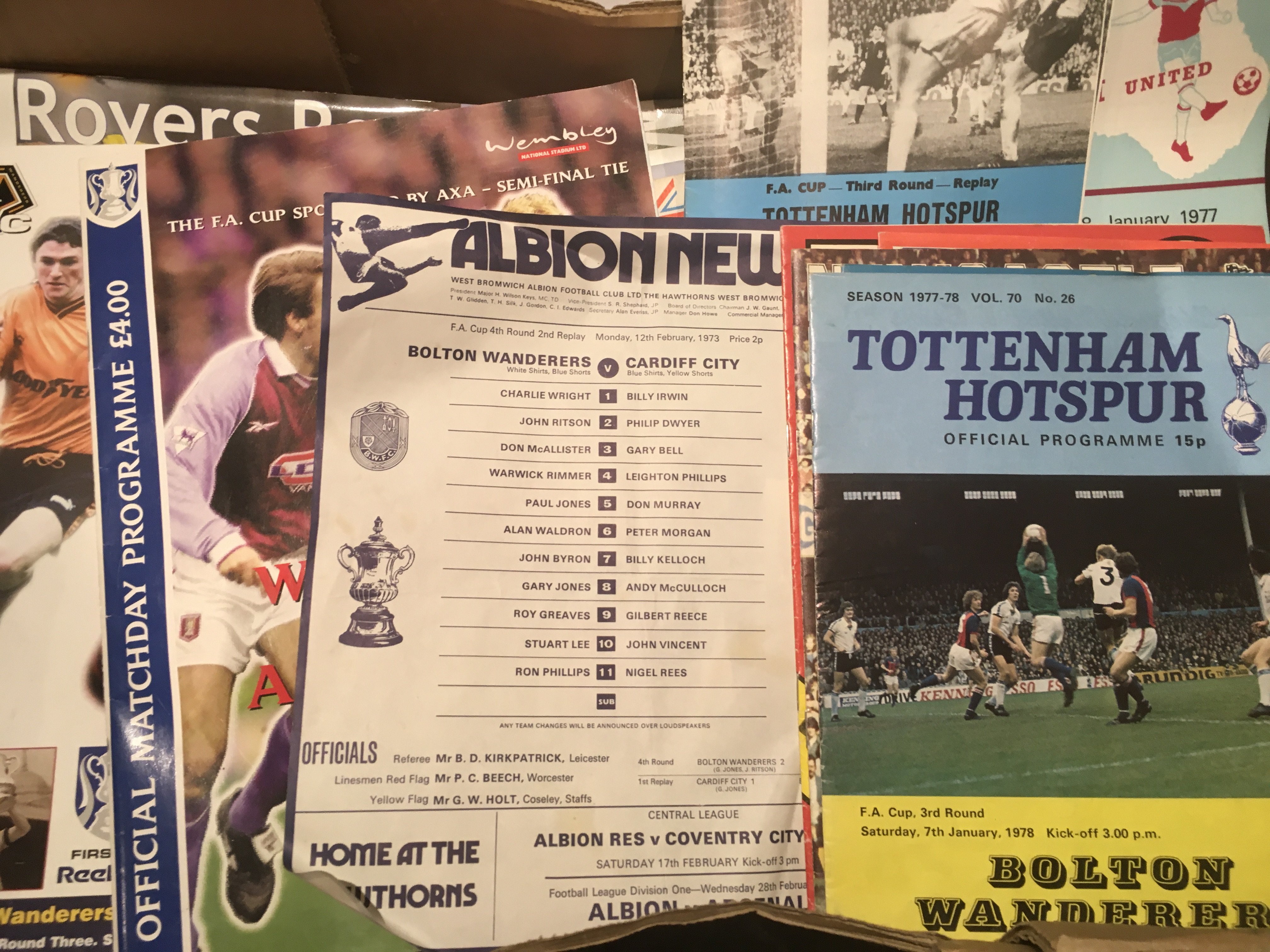 Bolton Wanderers FA Cup Football Programmes: Includes aways at 58/59 Scunthorpe, 63/64 Bath, interesting single sheets v Preston 58/59, 63/64, Southampton 73/74, Stoke. Unchecked but could be near complete from the mid 50s to 2015 of FA Cup matches. (box)