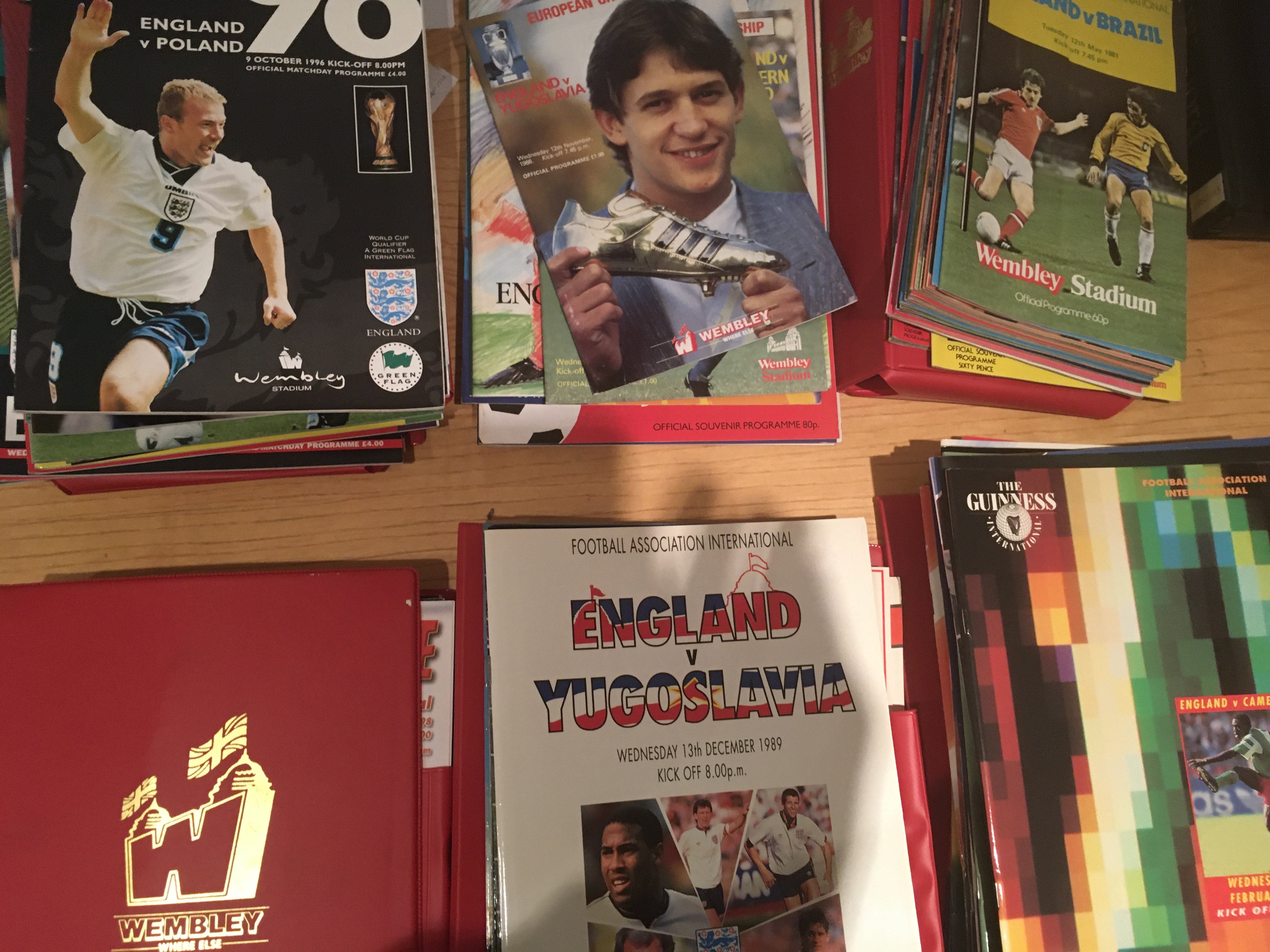 England Football Programmes + Binders: 5 official Wembley binders with what is a near complete run of England home programmes from 1981 to the last match at Wembley 2001 v Germany. Lacking Euro 96 with 88 programmes. C/W binder stating FA Trophy Finals with 17 programmes from 1970 to 1985.