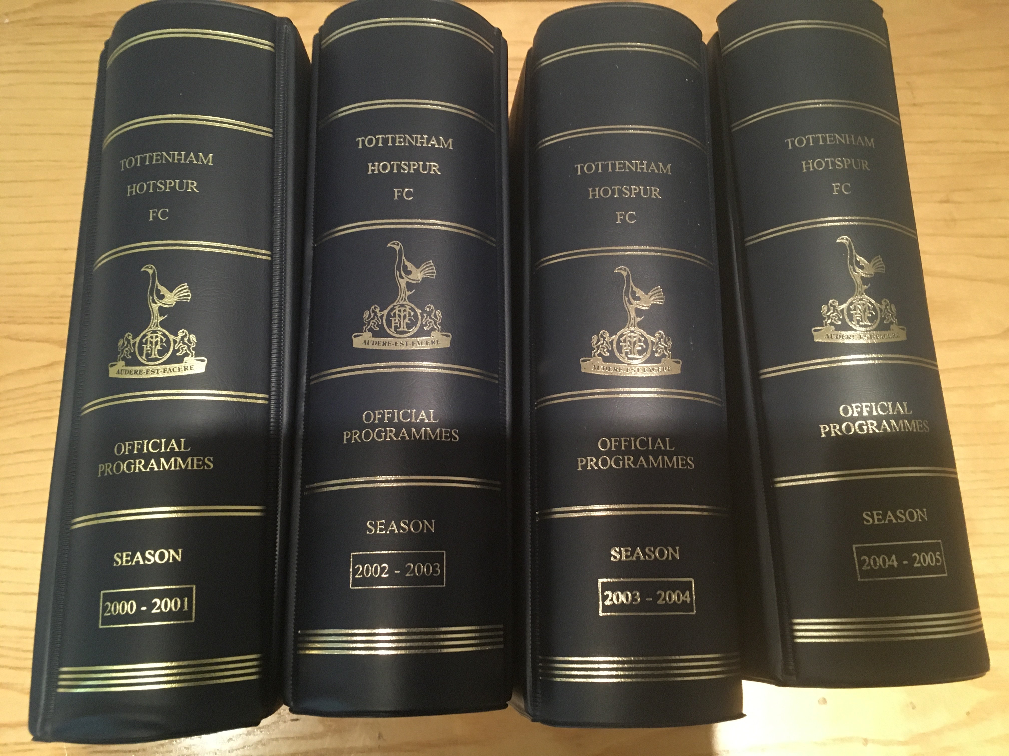 Tottenham Home Football Programmes: Four seasons in official binders from seasons 2000/2001 2002/2003 2003/2004 + 2004/2005. Good with instructions to sell. (4)