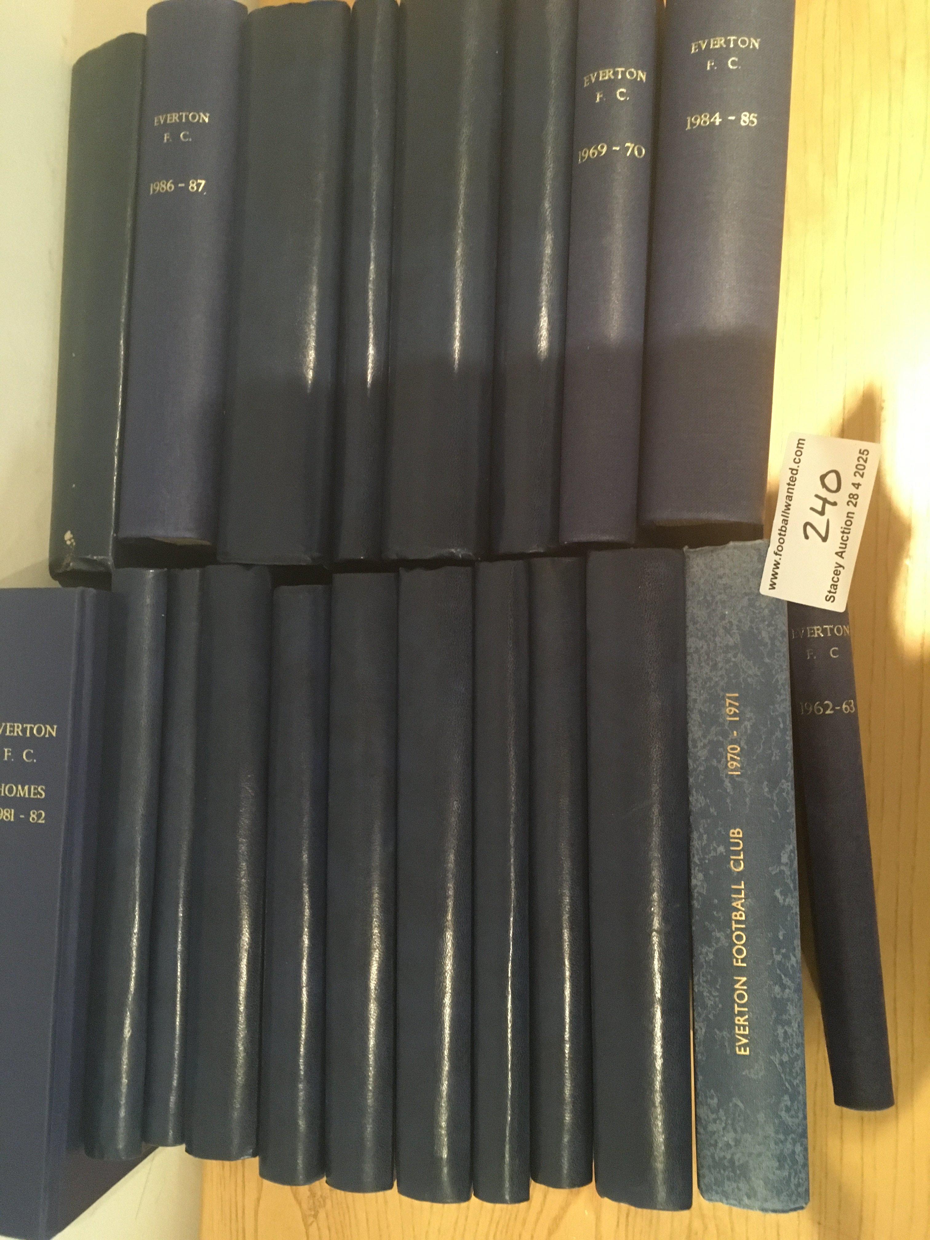 Everton Bound Volumes Of Football Programmes: Includes 62/63 then a run from 69/70 to 77/78, 79/80 81/82 and a further run from 83/84 to 87/88 and 3 more duplicates. First team homes with covers. (20)